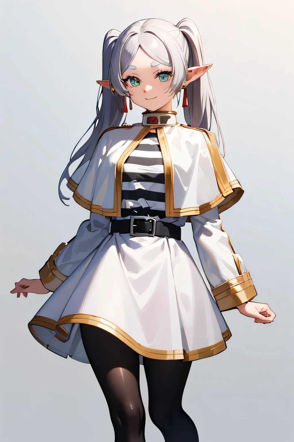 masterpiece, best quality, ultra-high-detailed, 1girl, fishnet pantyhose, FrierenBase, twintails, earrings, white capelet, striped shirt, white skirt, long sleeves, belt,