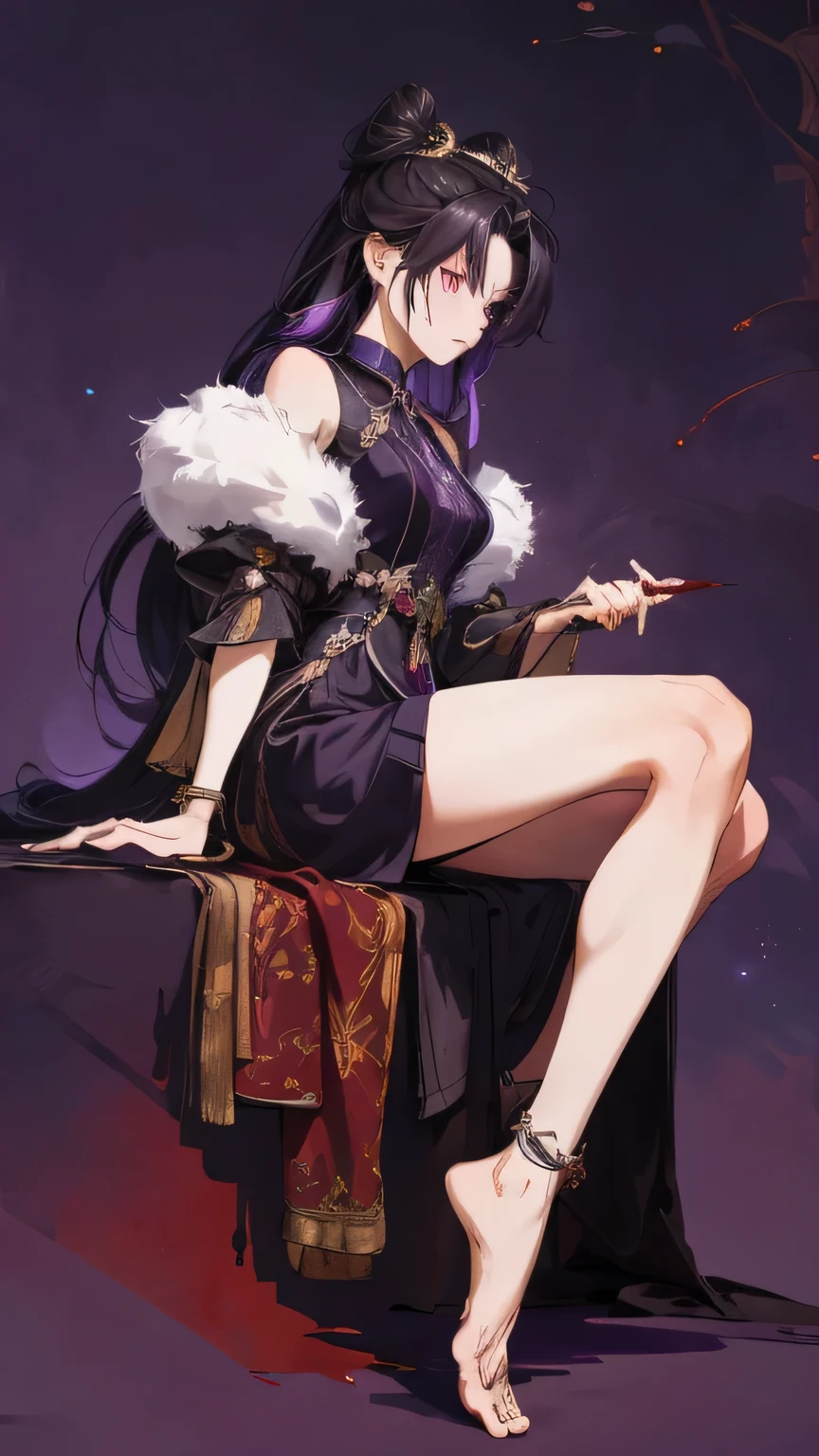  masterpieces  ,  Command, 1 Xiao Wu  ,  Cool Face Color  ,  Strong, Golden left eye , Red right eye , Long hair, Black hair, Steadfast eyes ,  fox  , Front view , Simple basics, Purple background , Anime, illustration,  Full Body  , Bun ,  sitting on purple garden  ,  Full Details  ,  Gold Hair Accessories ,holding blood sword , goddess