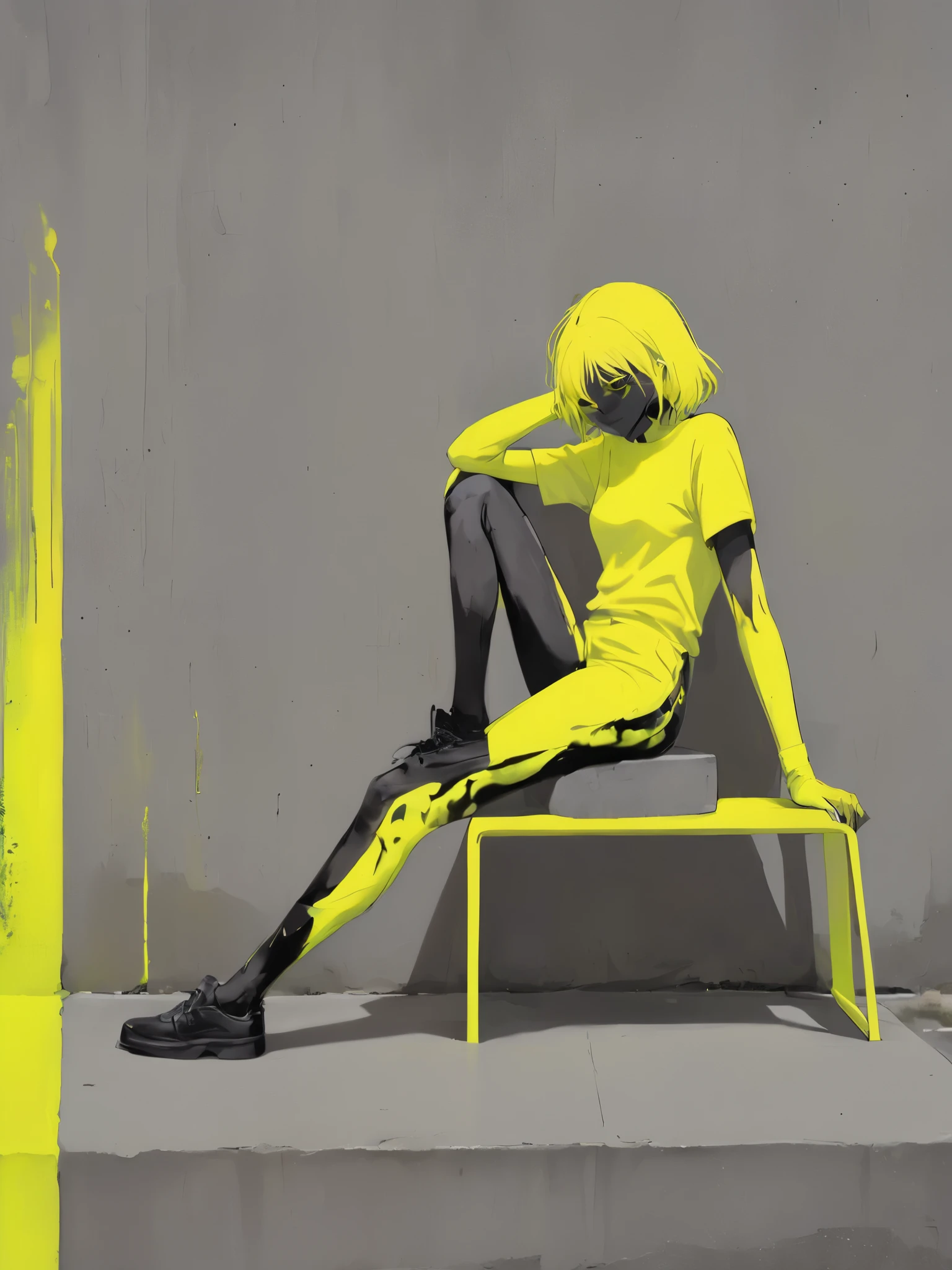 minimalism, vector, abstract, amine, girl sitting on a concrete chair and coated in neon yellow paint,  closet eyes