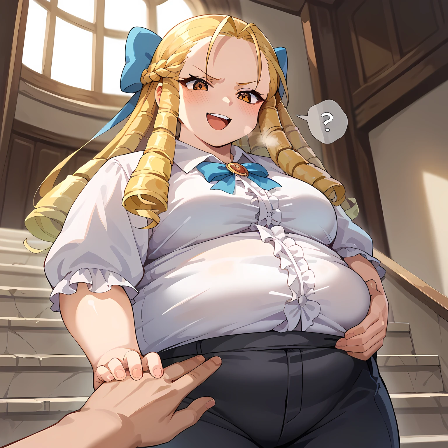 score_9, score_8_up, score_7_up, score_6_up, source_anime, BREAK 1girl, solo sfkarin, blonde hair, drill hair, hair bow, white shirt, center frills, collared shirt, black pants, smile, mansion, staircase, looking at you, smug, happy, open mouth, bulging belly, fat, chubby, obese, open mouth, out of breath, absurdres, highres icon, rating:General, confused, blush, {flustered}, nervous sweating, portrait, pov hands, hand on another's belly, averting eyes, [looking away], straight-on, from below, swollen face, masterpiece, best quality, ultra-detailed, high resolution, 8K, absurdres, highres icon,