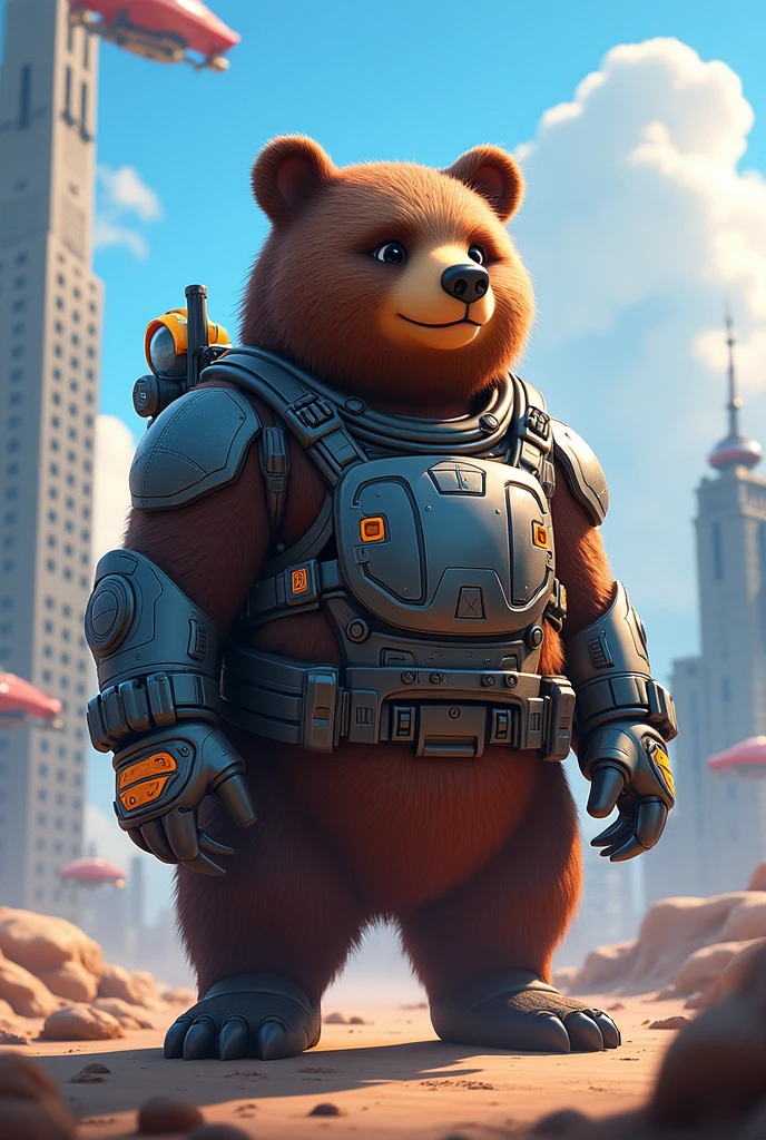 An animated spectacled bear with weapons and futuristic