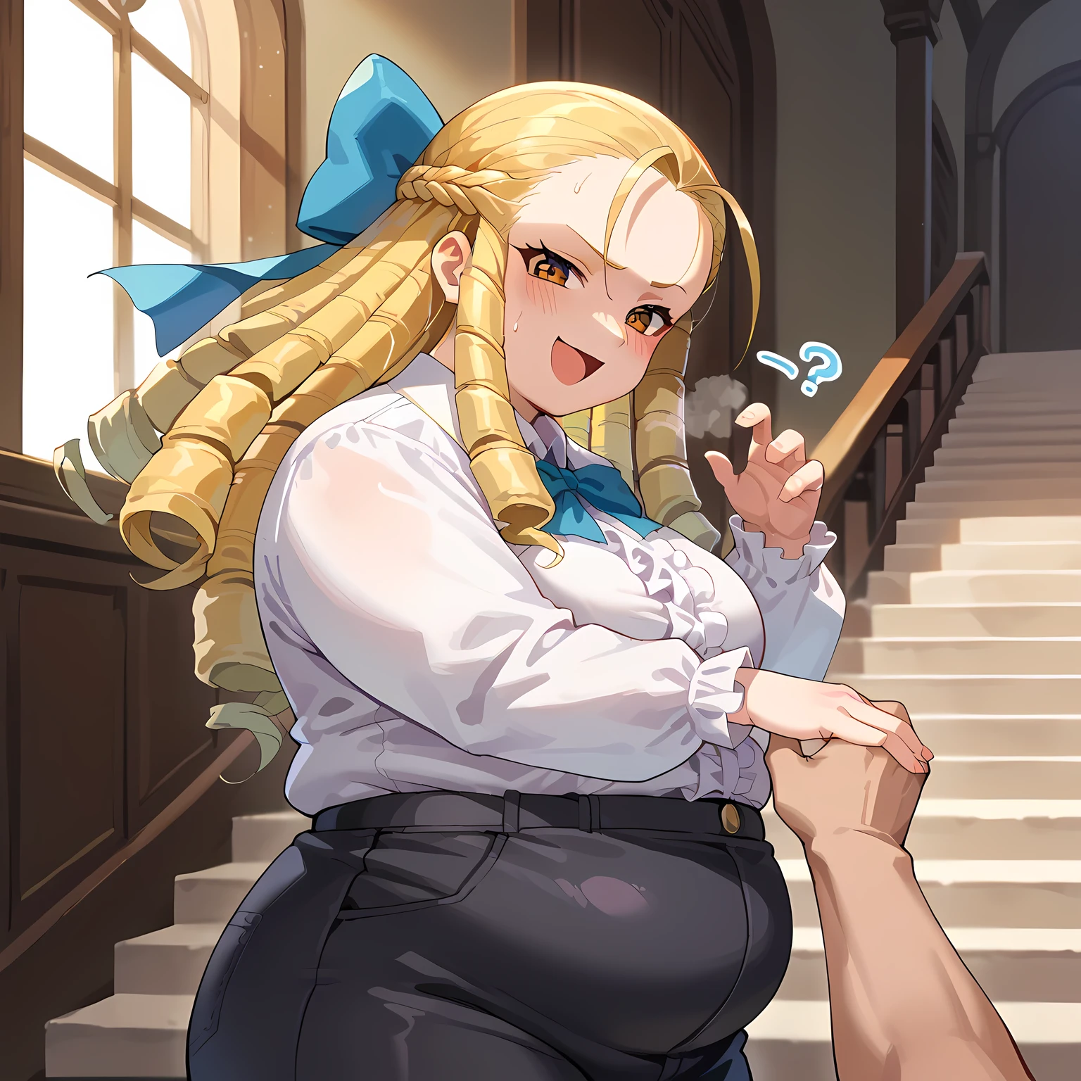 score_9, score_8_up, score_7_up, score_6_up, source_anime, BREAK 1girl, solo sfkarin, blonde hair, drill hair, hair bow, white shirt, center frills, collared shirt, black pants, smile, mansion, staircase, looking at you, smug, happy, open mouth, bulging belly, fat, chubby, obese, open mouth, out of breath, absurdres,  confused, blush, {flustered}, nervous sweating, portrait, pov hands, hand on another's belly, averting eyes, [looking away], straight-on, from side, swollen face, masterpiece, best quality, ultra-detailed, high resolution, 8K, absurdres, huge ass,