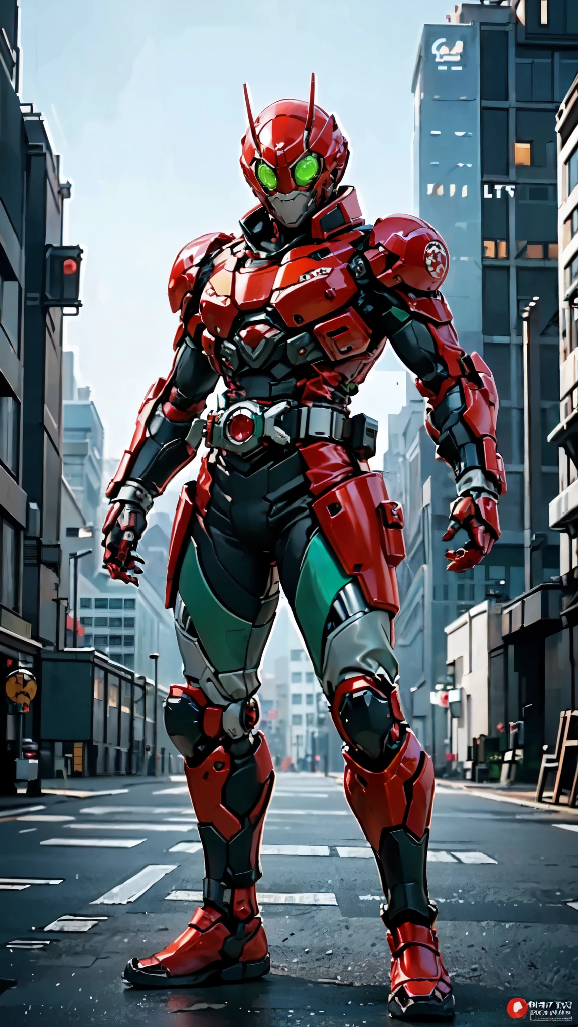 (masterpiece:1.5, best quality:1.5, extremely delicate:1.5), ((male:1.5)), a man wearing a full-face helmet, high-tech biomimetic armored combat suit, (a composite layered chest armor), the design balances heavy with agility, fully enclosed shoulder guards, matching arm and leg guards, a belt of gemstone, (the color scheme is primarily Red with Green and Yellow accents, Organic Biotech, Concept Inspired by Demon Skeleton, glowing eyes, armor glows), stand of a futuristic sci-fi city, this character embodies a finely crafted fantasy-style armored hero in anime style, exquisite and mature art style, metallic, high definition, highres, ultra-detailed, ultra-fine painting, professional, perfect body proportions, golden ratio, anatomically correct, symmetrical face, extremely detailed eyes and face, high quality eyes, creativity, RAW photo, UHD, 32k, Natural light, cinematic lighting, (masterpiece-anatomy-perfect:1.2)