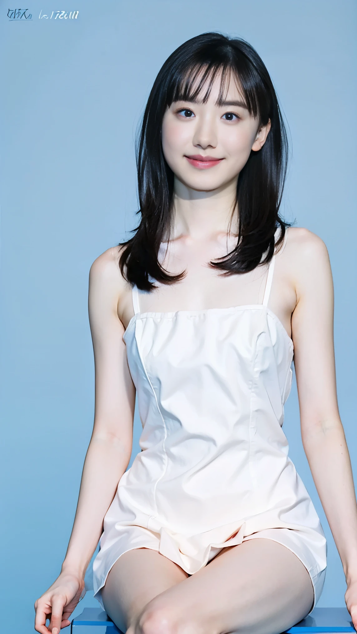 16k,best quality,masterpiece,ultra-detailed,(Realistic,photoRealistic,photo-Realistic:1.6),anatomically perfect(Photo from head to thighs:1.8),1,beautiful woman,ideal proportions(Tight waist and big butt):1.5,sexy thighs:1.5,short hair,cute smile,detailed (skin tight micro-bikini):1.8,realistic,photorealistic,detailed face,beautiful detailed eyes,beautiful detailed lips,extremely detailed skin,extremely detailed body,studio lighting, Soft indirect lighting in the studio,((Delicate artwork on a dim blue background))、((A beautiful figure that stands out against a dim blue background)),vivid colors,