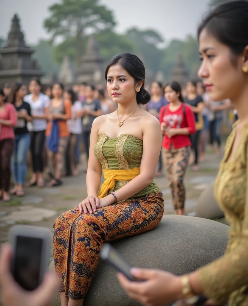 A candid photo of a beautiful young Javanese princess, aged 25, sitting on a large stone in the Prambanan Temple complex. She wears a simple green strapless kemben made of raw fabric, adorned with delicate gold ornaments, a yellow waistcloth, and a batik sarong wrapping her slender legs. She appears sad and reflective, surrounded by a crowd of tourists who are observing her, some recording the moment on their smartphones. The foreground is intentionally blurry, creating a dynamic depth-of-field effect, and the setting captures the vibrant yet mystical atmosphere of the ancient temple. Realistic photo, looking side, serious expressions, diagonal angle, dynamic composition