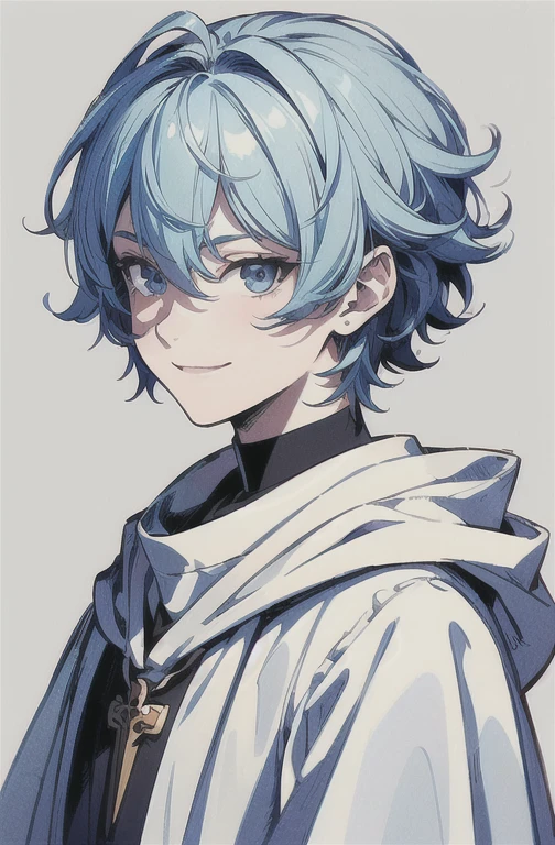 (masterpiece, ultra-detailed, high resolution, best quality:1.2), (anime, simple background, plain background, fantasy art, RPG character, concept art), (Portrait:1.2), (pale blue hair, short hair, messy hair), (guy, male, tomboy, priest, white hooded medieval cloak, smile)