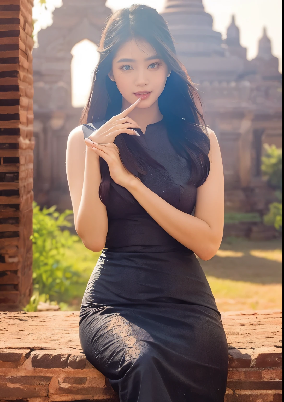 1girl, sitting in front of ancient Bagan Bagodas, Myanmar, beautiful detailed eyes, beautiful detailed lips, extremely detailed face, long eyelashes, cute, sweet, above Burmese outfit dress, Her hair looks like she dyed it with the rainbow, her body is fit yet curvy, skin is soft, fashion photography, mid nineties sunlight, cinematic lighting, vibrant colors, highly detailed, photorealistic, 8k, best quality, masterpiece