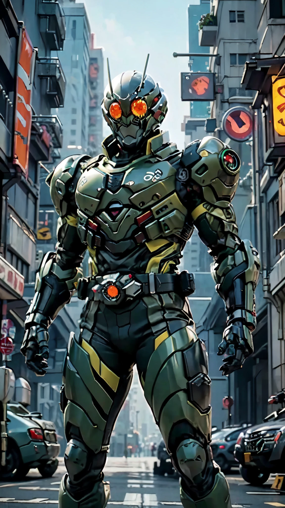 (masterpiece:1.5, best quality:1.5, extremely delicate:1.5), ((male:1.5)), a man wearing a full-face helmet, high-tech biomimetic armored combat suit, (a composite layered chest armor), the design balances heavy with agility, fully enclosed shoulder guards, matching arm and leg guards, a belt of gemstone, (the color scheme is primarily Red with Green and Yellow accents, Organic Biotech, Concept Inspired by Demon Skeleton, glowing eyes, armor glows), stand of a futuristic sci-fi city, this character embodies a finely crafted fantasy-style armored hero in anime style, exquisite and mature art style, metallic, high definition, highres, ultra-detailed, ultra-fine painting, professional, perfect body proportions, golden ratio, anatomically correct, symmetrical face, extremely detailed eyes and face, high quality eyes, creativity, RAW photo, UHD, 32k, Natural light, cinematic lighting, (masterpiece-anatomy-perfect:1.2)