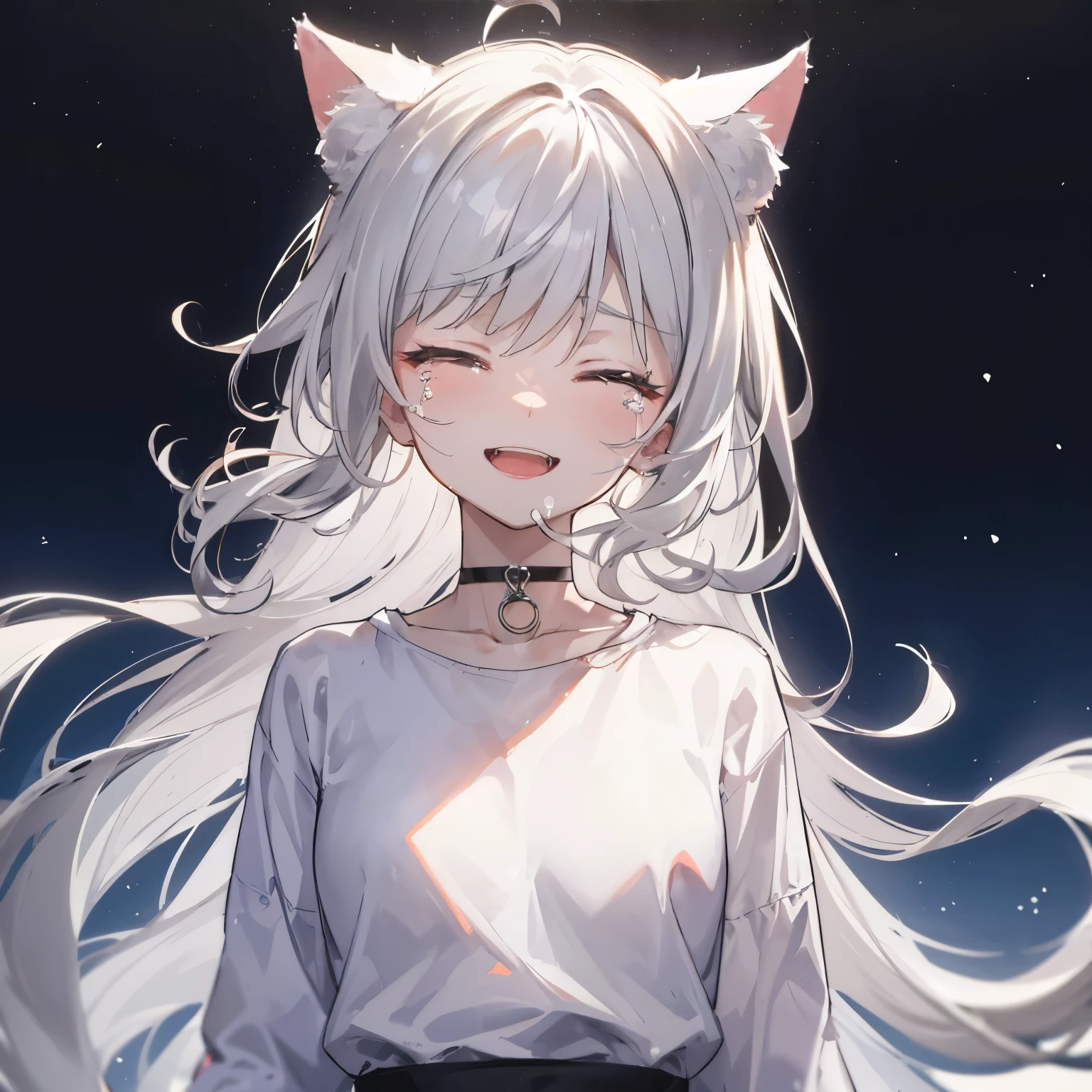 ((looking viewer)), (Laughing face, big smile, happy_crying, tears streaming down face, slightly raised brows), 1 girl, upper body, (li:1.3), (closed eyes, cat ears), ((messy hair)), (long hair, straight hair, gray hair), (small breast), (((oversize white shirt))), ((bottomless)), (choker), (dusk, cozy_garden), cinematic lighting, dramatic lighting, Sharp Focus, (Best Quality, masterpiece, detailed, facial focus), ((waist)), standing, tilt head, light from above, light from the left