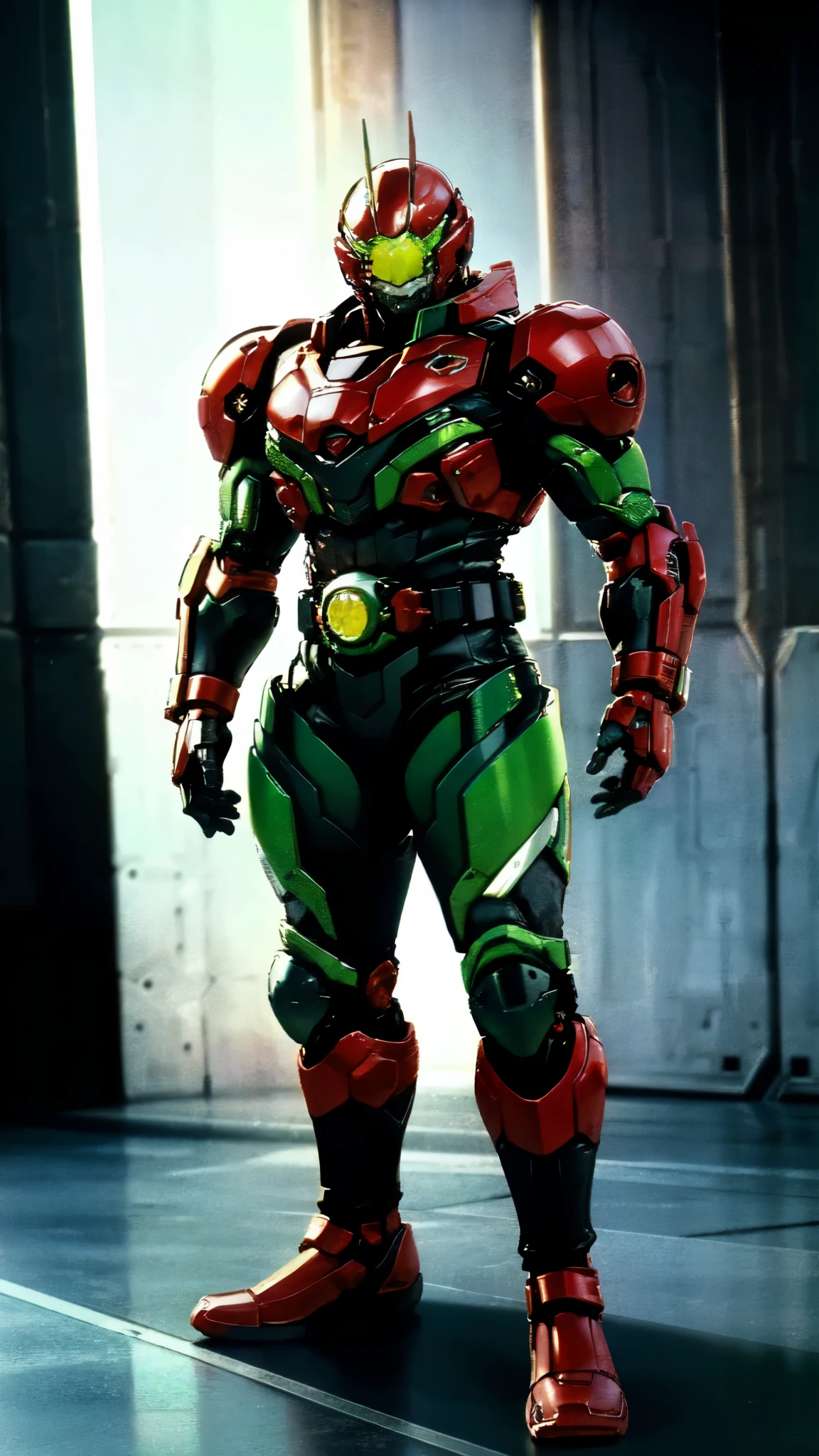 (masterpiece:1.5, best quality:1.5, extremely delicate:1.5), ((male:1.5)), a man wearing a full-face helmet, high-tech biomimetic armored combat suit, (a composite layered chest armor), the design balances heavy with agility, fully enclosed shoulder guards, matching arm and leg guards, a belt of gemstone, (the color scheme is primarily Red with Green and Yellow accents, Organic Biotech, Concept Inspired by Demon Skeleton, glowing eyes, armor glows), stand of a futuristic sci-fi city, this character embodies a finely crafted fantasy-style armored hero in anime style, exquisite and mature art style, metallic, high definition, highres, ultra-detailed, ultra-fine painting, professional, perfect body proportions, golden ratio, anatomically correct, symmetrical face, extremely detailed eyes and face, high quality eyes, creativity, RAW photo, UHD, 32k, Natural light, cinematic lighting, (masterpiece-anatomy-perfect:1.2)