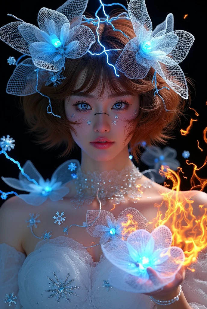 1girl, artist name, black background, blue eyes, blue fire, burning, electricity, facial mark, fiery hair, fire, flame, glowing, hitodama, lightning, lips, looking at viewer, magic, makeup, parted lips, planet, pyrokinesis, short hair, smile, smoke, snowflakes, solo, spirit, teeth, transparent background, upper body, water