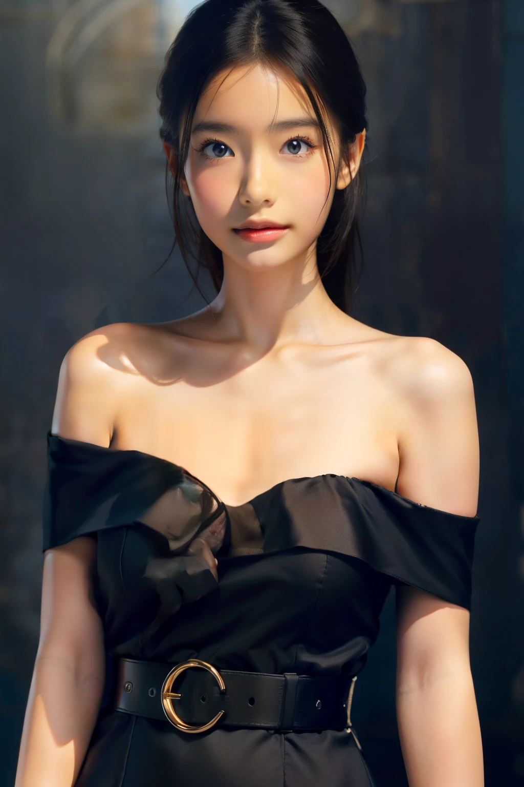 Best quality, masterpiece, ultra high res, (photorealistic:1.4), raw photo,1girl, solo, realistic, looking at viewer, upper body,simple background, black dress, off shoulder,