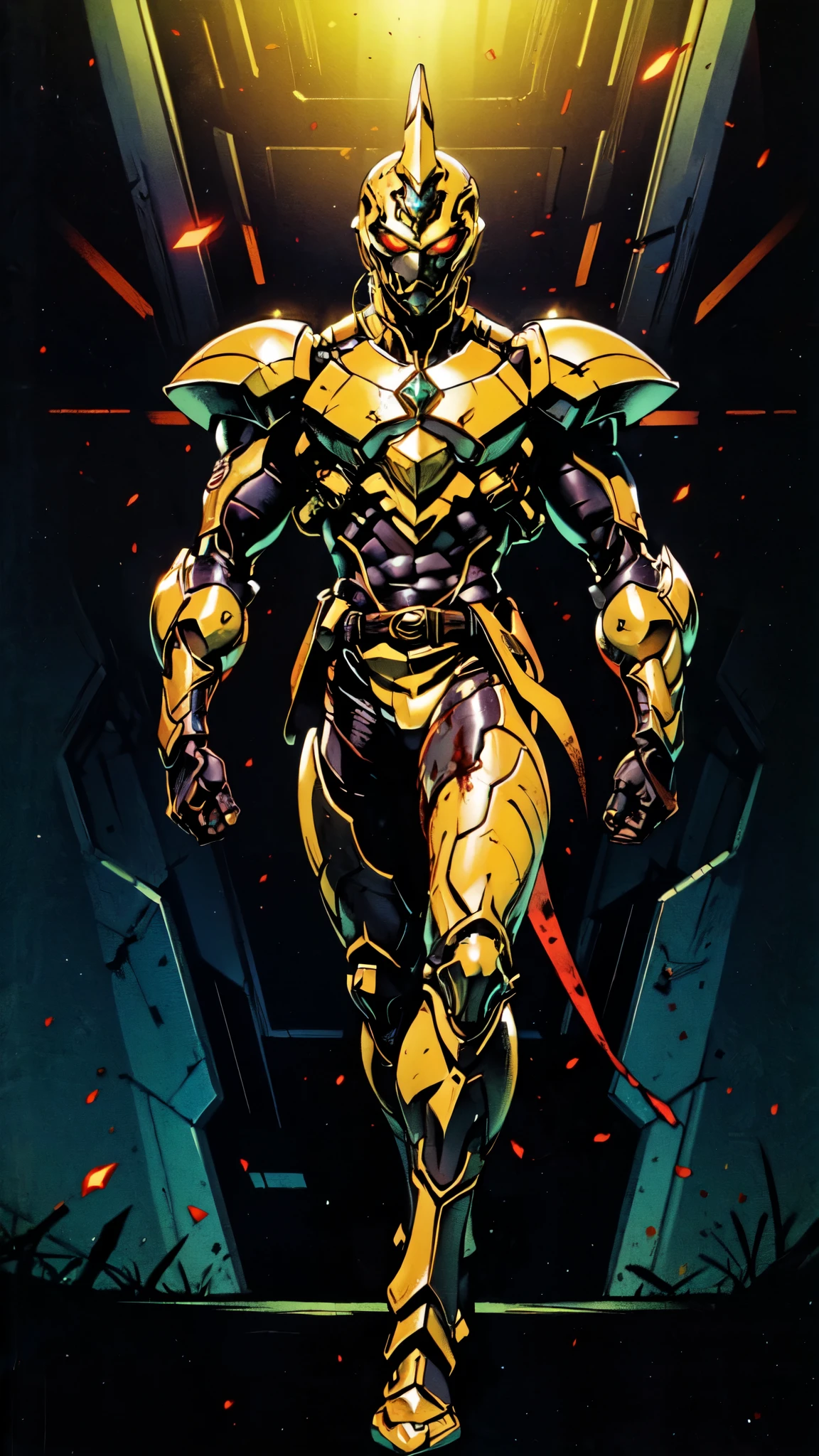 (masterpiece:1.5, best quality:1.5, extremely delicate:1.5), ((male:1.5)), a man wearing a full-face helmet, high-tech biomimetic armored combat suit, (a composite layered chest armor), the design balances heavy with agility, fully enclosed shoulder guards, matching arm and leg guards, a belt of gemstone, (the color scheme is primarily Red with Green and Yellow accents, Organic Biotech, Concept Inspired by Demon Skeleton, glowing eyes, armor glows), stand of a futuristic sci-fi city, this character embodies a finely crafted fantasy-style armored hero in anime style, exquisite and mature art style, metallic, high definition, highres, ultra-detailed, ultra-fine painting, professional, perfect body proportions, golden ratio, anatomically correct, symmetrical face, extremely detailed eyes and face, high quality eyes, creativity, RAW photo, UHD, 32k, Natural light, cinematic lighting, (masterpiece-anatomy-perfect:1.2)