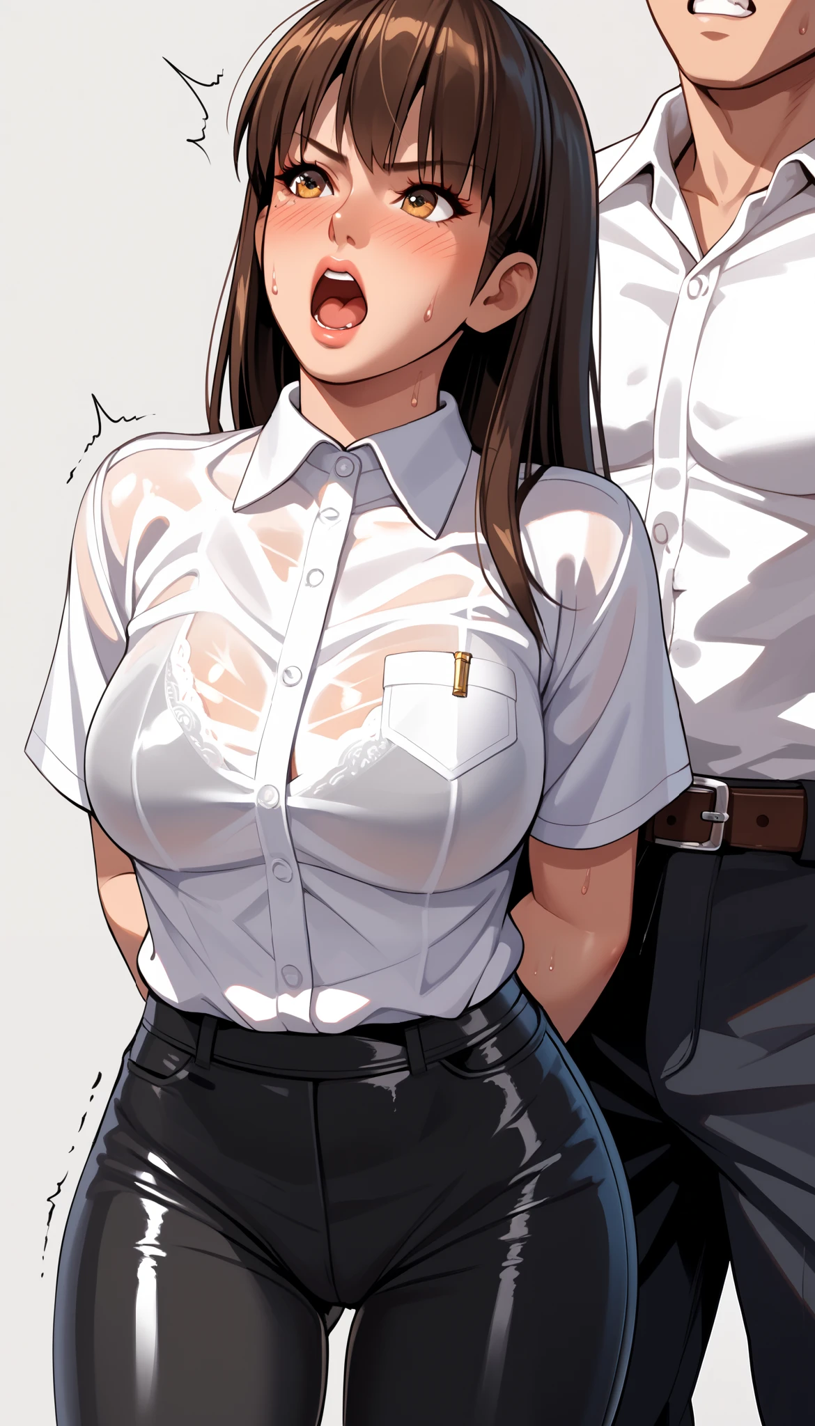 LeiFangDOA, gasp, 1 girl and 1 male, a male holding girl’s inner thighs , glossy black pants, a glossy white business shirt, arms behind back, {{arching the body backward}}, office lady, be breathless, sweat, sparkling sweat, trembling, long brown straight hair, breasts, [[angry]], blush, {anguish}, {{shameful}}