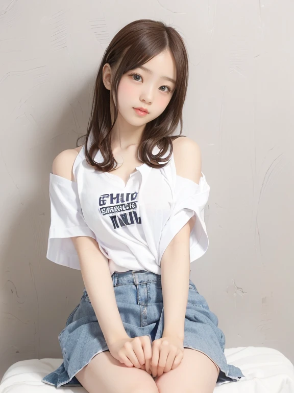 BDSM, NSFW, 1 Girl, Summer, Bookstore, Sitting on Stool, White T-shirt, Denim Ripped Shorts, Denim Jacket, Serious Face, Short Brown Hair, Clear Focus: 1.2, Highly Detailed Face and Skin Texture, Best Quality, 8k
