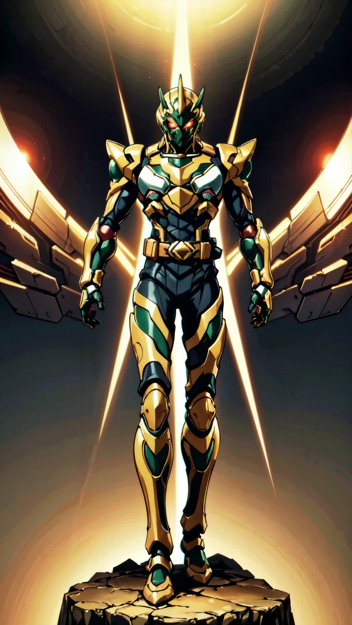 (masterpiece:1.5, best quality:1.5, extremely delicate:1.5), ((male:1.5)), a man wearing a full-face helmet, high-tech biomimetic armored combat suit, (a composite layered chest armor), the design balances heavy with agility, fully enclosed shoulder guards, matching arm and leg guards, a belt of gemstone, (the color scheme is primarily Red with Green and Yellow accents, Organic Biotech, Concept Inspired by Demon Skeleton, glowing eyes, armor glows), stand of a futuristic sci-fi city, this character embodies a finely crafted fantasy-style armored hero in anime style, exquisite and mature art style, metallic, high definition, highres, ultra-detailed, ultra-fine painting, professional, perfect body proportions, golden ratio, anatomically correct, symmetrical face, extremely detailed eyes and face, high quality eyes, creativity, RAW photo, UHD, 32k, Natural light, cinematic lighting, (masterpiece-anatomy-perfect:1.2)