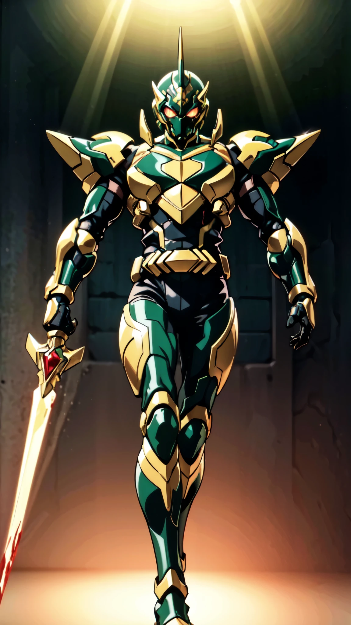 (masterpiece:1.5, best quality:1.5, extremely delicate:1.5), ((male:1.5)), a man wearing a full-face helmet, high-tech biomimetic armored combat suit, (a composite layered chest armor), the design balances heavy with agility, fully enclosed shoulder guards, matching arm and leg guards, a belt of gemstone, (the color scheme is primarily Red with Green and Yellow accents, Organic Biotech, Concept Inspired by Demon Skeleton, glowing eyes, armor glows), stand of a futuristic sci-fi city, this character embodies a finely crafted fantasy-style armored hero in anime style, exquisite and mature art style, metallic, high definition, highres, ultra-detailed, ultra-fine painting, professional, perfect body proportions, golden ratio, anatomically correct, symmetrical face, extremely detailed eyes and face, high quality eyes, creativity, RAW photo, UHD, 32k, Natural light, cinematic lighting, (masterpiece-anatomy-perfect:1.2)