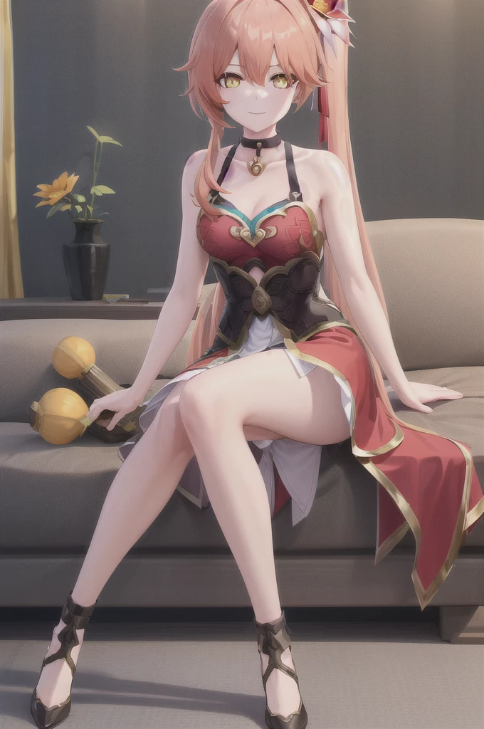 (high quality, high resolution:1.3), 4k, masterpiece, detailed background, sofa, indoors, messy room, 
BREAK
 1girl, solo, Guinaifen, red dress, sitting, long hair, (side ponytail:1.1), orange hair, bare shoulders, hair ornament, hair flower, yellow eyes, small breasts, looking at viewer, smile, dress, choker, collarbone, full body , full body art