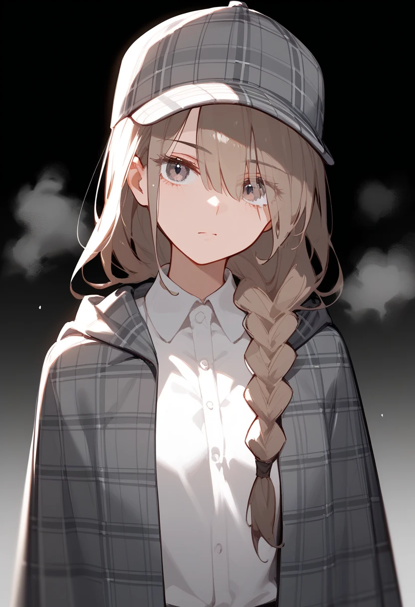 (Fraction_9, Fraction_8_up, Fraction_7_up), 1 Girl Detective ,  upper body,Ridiculous, Grey Plaid Cap，Braid， Gray shoulder-length hair, eyes visible through hair,  Grey Eyes ,  and watch the audience, Neutral, Expressive ability,  small breasts, Standing,  place your arms on both sides of your body, Head tilt,  black background ,  simple background ， White Shirt ， Grey Plaid Cloak ，Cold Light，fog