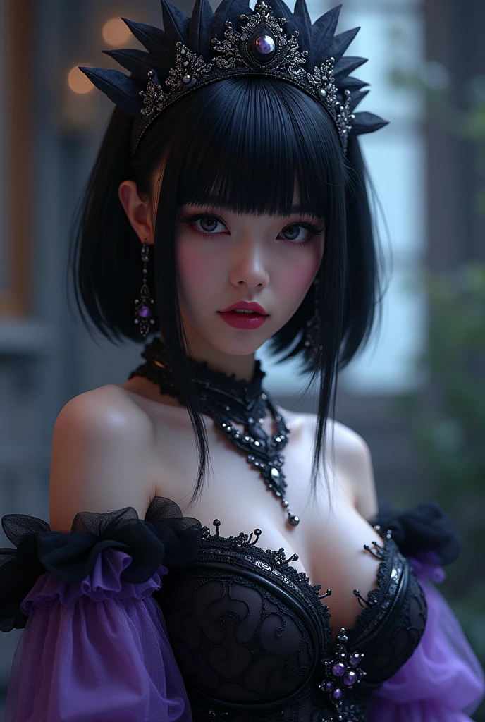 Surreal、Delicate and detailed line drawingasterpiece、highest quality、Highest quality、(One Woman、16 years old、(big breasts:1.3), (big ass:1.3)、(Black Hair、Hime cut, Short Hair:1.2)、(Natural Makeup、Eyelash extensions、Sharply draw eyelashes、Eyebrows are thin and short、Deep orange blush:1.1)、(Spaced out、Looks sleepy、Mouth open、A little red cheeks:1.2)、(Black simple hair accessory、A gothic dress with a revealing chest:1.3))、Dark Rose Garden、Purple roses、(Blur the background:1.3)、(The subject is viewed from above:1.1)、Photo from thigh up