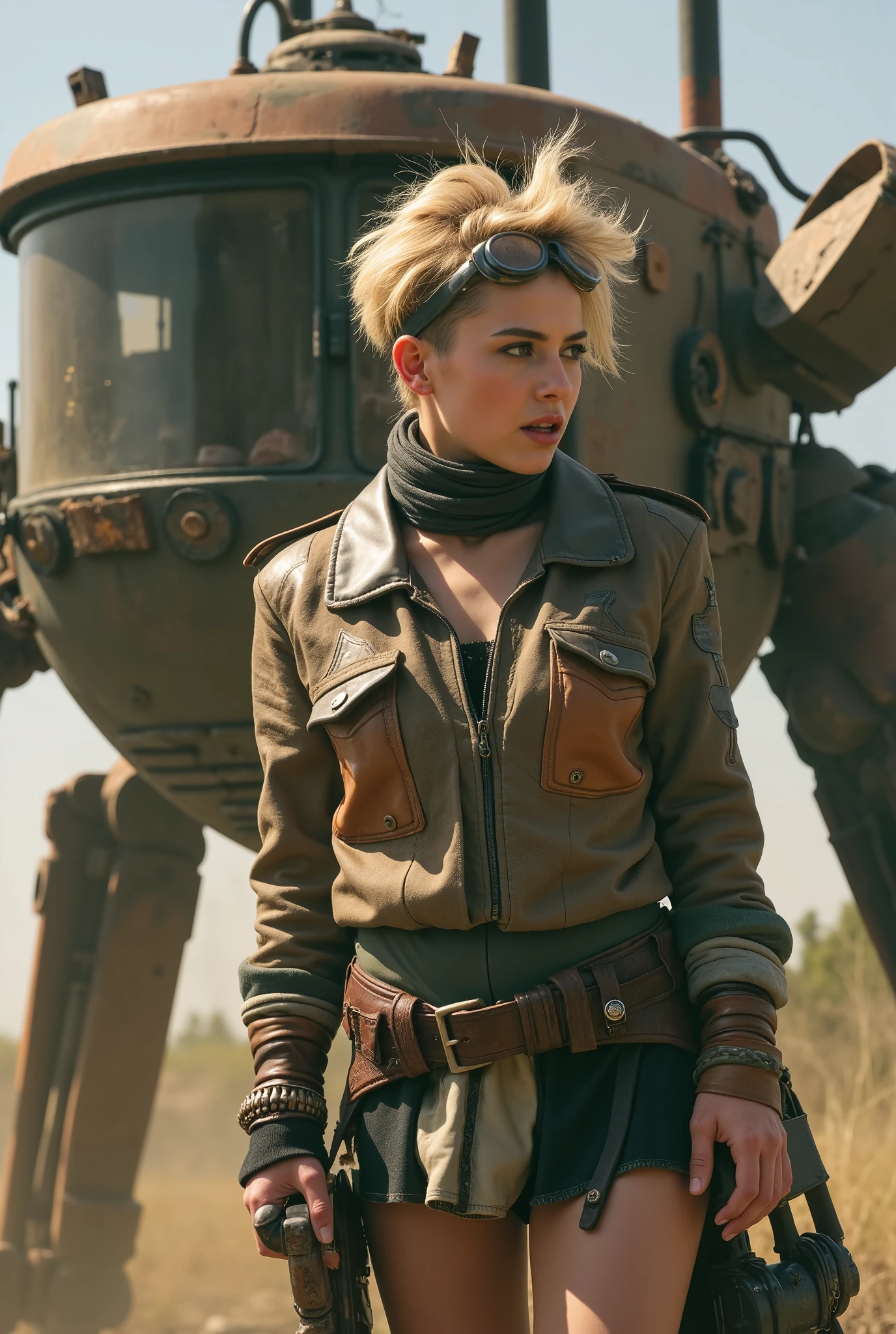 The scene is a dieselpunk retrofuturistic subgenre of science fiction that combines the aesthetics of the diesel-based technology of the interwar period through to the 1950s with retro-futuristic technology and art deco sensibilities. Hyperrealistic in the photographic style of Wes Anderson with saturated colors. A skinny, dieselpunk female adult nordic woman with short blonde hair shaved on one side and sagging breasts wearing a patchwork bomber jacket made from salvaged materials, with metallic accents and mismatched shoulder pads. She sports a utility skirt over garter belt and stockings, accessorized with leather straps and chains. Her head is wrapped in a scarf with goggles on top, and her hair peeks out in spikes. She carries a salvaged weapon fashioned from pipes and scrap metal as she shouts commands into a crackling dieselpunk radio. She stands in the open cockpit of a towering dieselpunk walker, gripping a rusted control lever. Smoke rises from the machine's exhaust pipes as it lumbers forward, crushing debris under its massive feet. The sunlight filters through the thick smog, illuminating her weathered bomber jacket and windblown hair as . 8k resolution