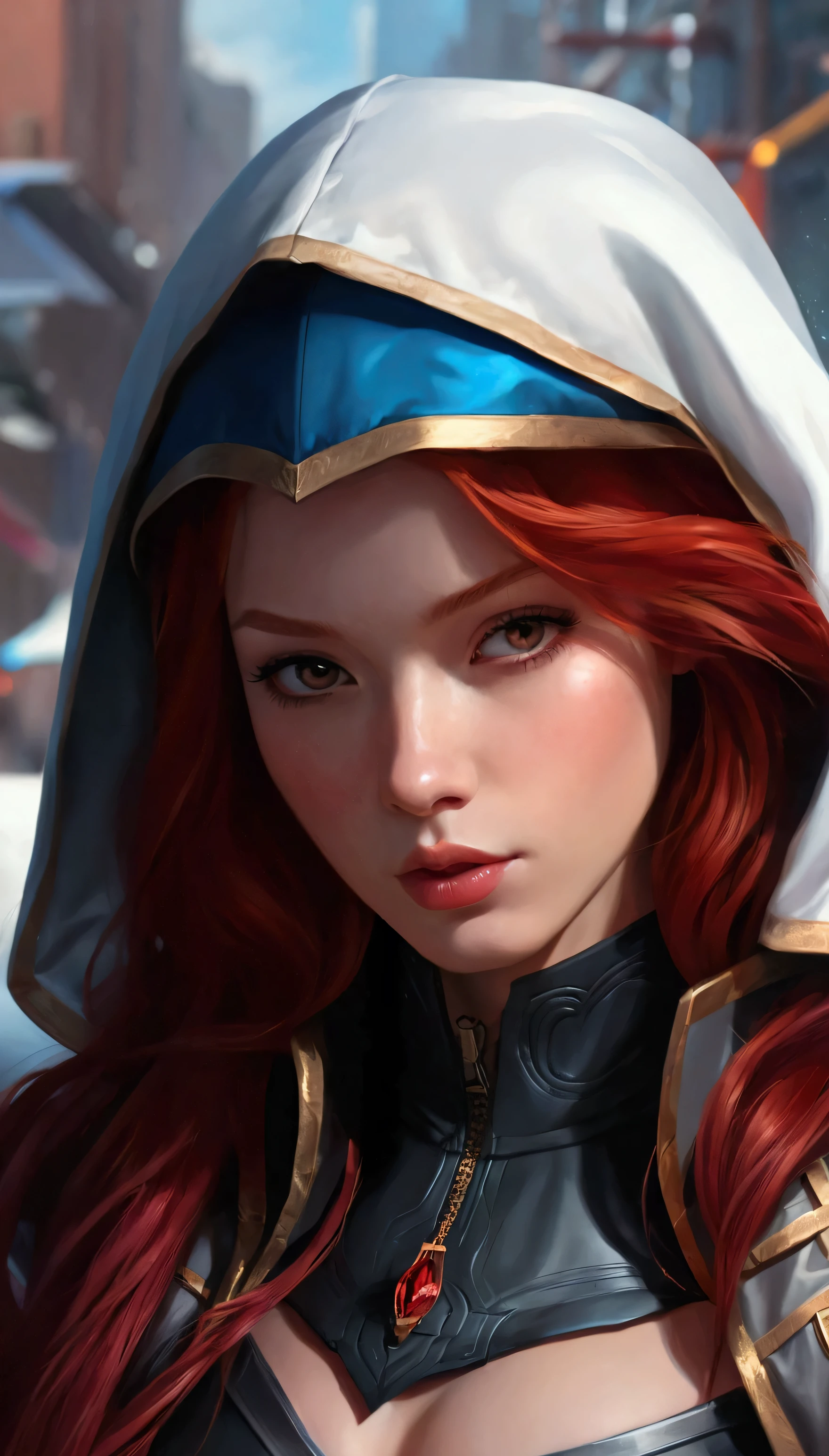 (female:1.2), 8k, ultra hd, ultra detailed texture, hyper realistic, masterpiece, detailed texture, detailed face, detailed skin, detailed lighting, (photorealistic:1.5), best quality, beautiful lighting, cinematic lighting, professional lighting, ultra highres, realistic, detailed hair, real hair, high quality, (realskin:1.5), extremely detailed, finely detail, ultra-detailed, 1girl, solo, floating, (yellow eyes), glowing eyes, red lips, v-shapped eyes, closed mouth, angry, colored skin, dark skin, purple skin, nose, pretty, beautiful, make up, evil smile, short hair, white hair bangs, large breasts, thigh, pauldrons, black pants, belt, purple coat, mechanical wings, armor shoulder, gloves, eudora \(mobile legends\), depth of field, looking aways, skin tight, amazing pose, glowing electric, lighting, cinematic background, elf ear