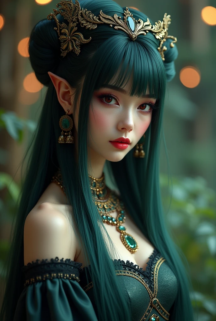 she is an exquisite 2000-year-old Norse goddess-like beauty in every aspect, appearing stunningly youthful at just 21 years old, with porcelain skin, raven-black hair cascading down her back like a waterfall of night, and piercing emerald-green eyes that seem to hold secrets of the ages, adorned in elegant attire that whispers hints of ancient mythology, her slender fingers adorned with ornate, intricately crafted jewelry that seems to have been forged from the very essence of Asgard itself, while she gazes directly into the lens with a subtle, mysterious smile that holds a hint of mischief,