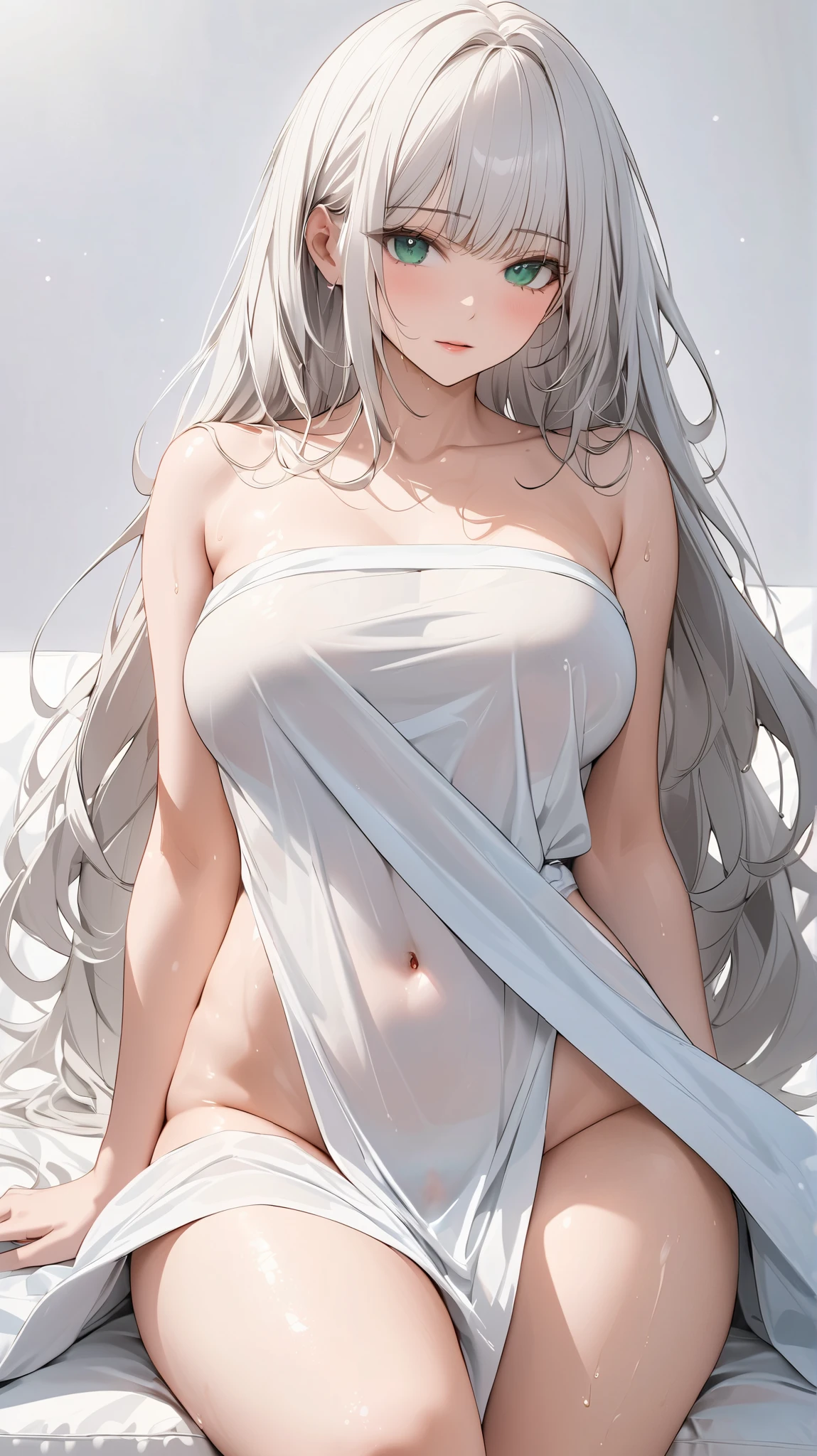 face details,semi realistic, Masterpiece, Master work, perfect , 4k, 1woman, wet hair, mature body, big size breast, straight shoulder-length hair, flat Bangs hair style, white colored hair with blue strokes, bright green eyes, flat expression face, wrapped white towel, collarbone, showing thighs, pelvic curtain, exposed pussy, shaved vagina, sit on couch pose, parted legs, empty background, white background, high res, ultrasharp, 8K, masterpiece, looking at the viewer (masterpiece), best quality, expressive eyes, perfect face