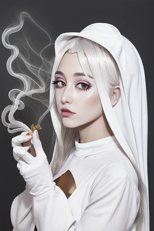 Virgin Mary,  white hair  , pink eyes , Velo Colo cow , jean , brazier blanco,  smoking marijuana, aureola brillante