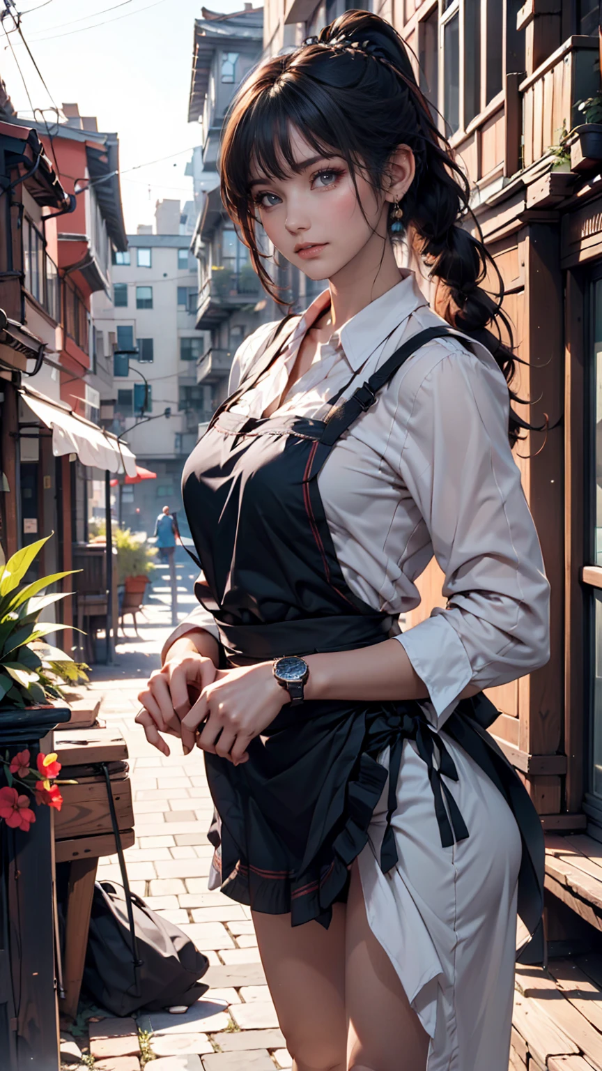  1 girl,foot,a girl at  Building,((( Building))),  braided bangs,Braided ponytail,(Alone:1.2),apron, thick thighs, side tie panties , Black Hair, , watch viewers, sunlight,Hanfu, 