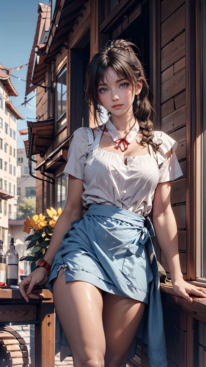  1 girl,foot,a girl at  Building,((( Building))),  braided bangs,Braided ponytail,(Alone:1.2),apron, thick thighs, side tie panties , Black Hair, , watch viewers, sunlight,Hanfu, 