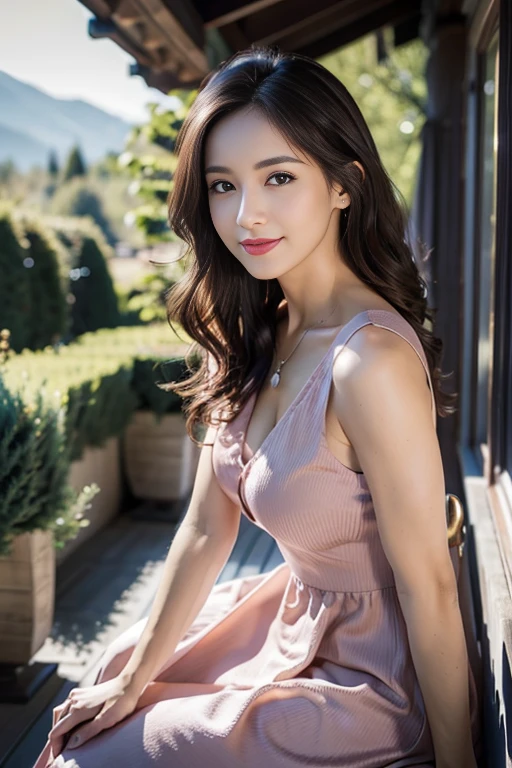 Wedding venue garden,President of import goods sales company,((full body)),((photo)),((best qualtiy, 8K, tmasterpiece:1.3)), Focus:1.2, perfect figure beautiful woman:1.4,1woman,cowboy shot,look at viewer,incredibly absurd, beautiful and cute woman with a photorealistic face, showcasing top-quality craftsmanship, A Japanese woman attending her sister's wedding at a wedding venue, 35 years old, long hair, straight black hair, shiny, silky hair that curls inwards, narrow double eyelids, long eyelashes, pronounced eyebrows, high nose, thin lips, white teeth, bright smile, smooth, honey-colored skin, thin neck, tall, glamorous, slender, F-cup breasts, pale pink suit, knee-length pencil skirt, high heels, diamond earrings and necklace, luxury brand watch, clutch bag, cigar, beautiful, lady-like, pretty older sister, celebrity-like, adult woman, intelligent, calm, kind, playful, sharp-tongued, soothing to those around, refined, elegant, June