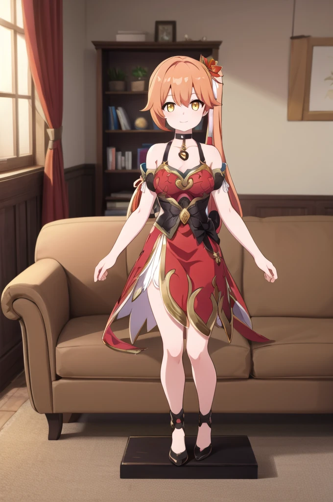 (high quality, high resolution:1.3), 4k, masterpiece, detailed background, sofa, indoors, messy room, 
BREAK
 1girl, solo, Guinaifen, red dress, sitting, long hair, (side ponytail:1.1), orange hair, bare shoulders, hair ornament, hair flower, yellow eyes, small breasts, looking at viewer, smile, dress, choker, collarbone, full body , full body art , standing , on pedestal, statue , bondage , girl standing on a pedestal 