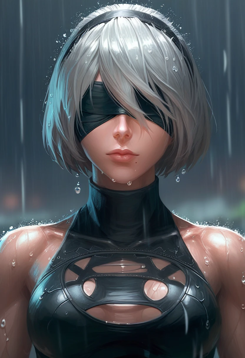 score_9, score_8_up, score_7_up, score_6_up, detailed drawing, 1girl, solo, breasts, short hair, dress, bare shoulders, medium breasts, closed mouth, upper body, white hair, hairband, sleeveless, mole, blurry, nude, lips, wet, depth of field, blurry background, turtleneck, black hairband, wet clothes, mole under mouth, facing viewer, rain, water drop, blindfold, wet hair, covered eyes, black blindfold, yorha no. 2 type b,((mechanical limblood vessels connected to tubeechanical vertebrae), ((mechanical cervical attaching to neck)), (wires and cables attaching to neck:1.2), ((mass of wires and cables on head)) full body, ripped clothes,cyberware lines embedded in her face, barefoot