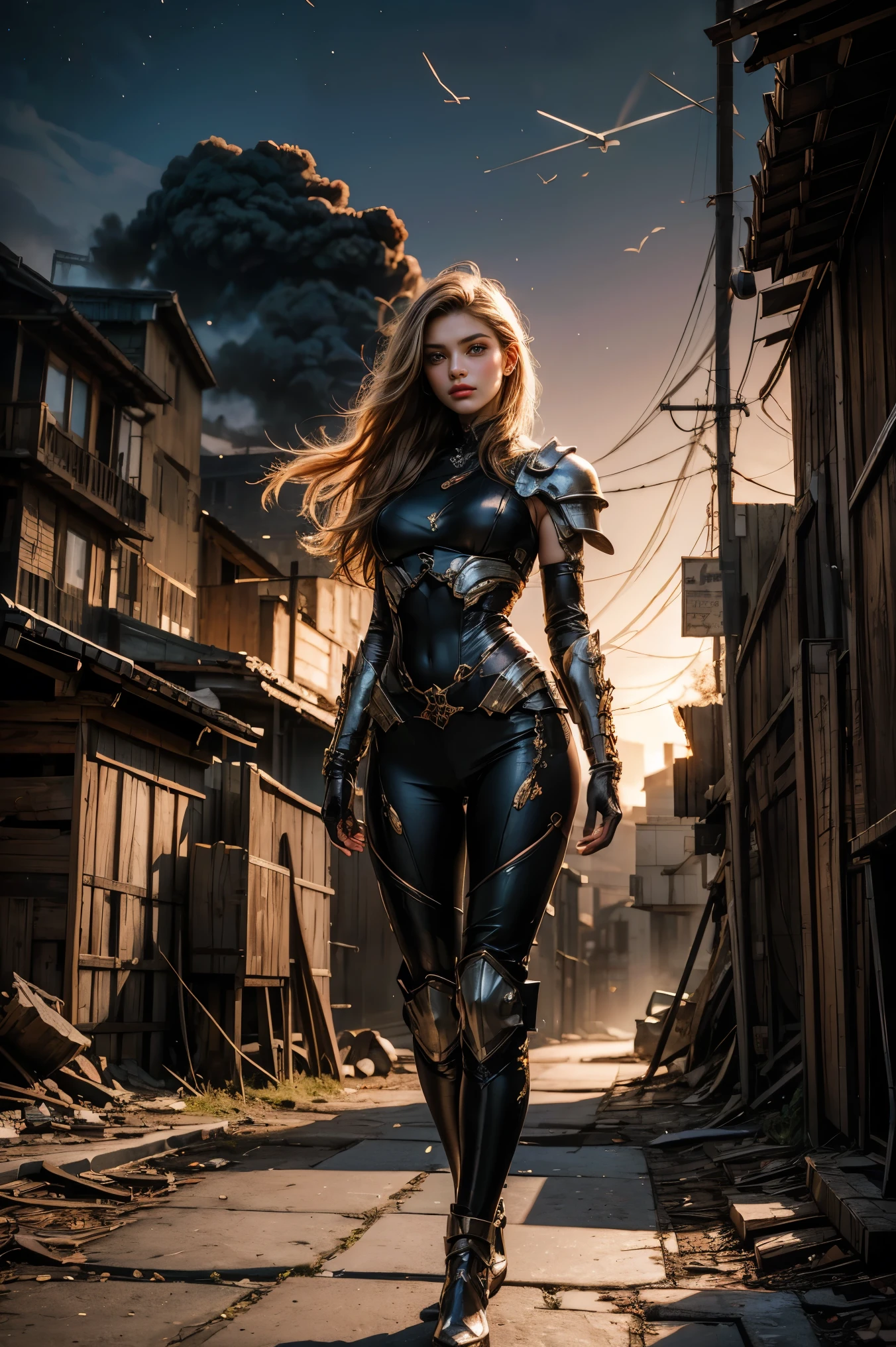 A stunning, photorealistic image of a 20-year-old Russian android princess, with a delicate, Japanese-inspired face, featuring large, princess blue eyes, and a bright, ash-blonde hairstyle with bangs, styled in a cute, fluffy manner. She stands proudly, wearing a highly detailed, full-body suit of cloth and titanium alloy armor, with a hint of rust and wear, amidst the ruins of a gritty, near-future cityscape. The atmosphere is mystical and serene, with a gentle breeze blowing her hair, and a soft, ethereal glow illuminating her features. Her cheeks are flushed with a soft, rosy hue, and her skin is rendered in exquisite detail, with a subtle, realistic texture. In the background, a massive plume of dark, black smoke rises into the night sky, adding a sense of drama and tension to the scene. The overall effect is one of captivating beauty and otherworldly wonder, as if this android princess has stepped out of a fantasy novel and into the midst of a dystopian nightmare.