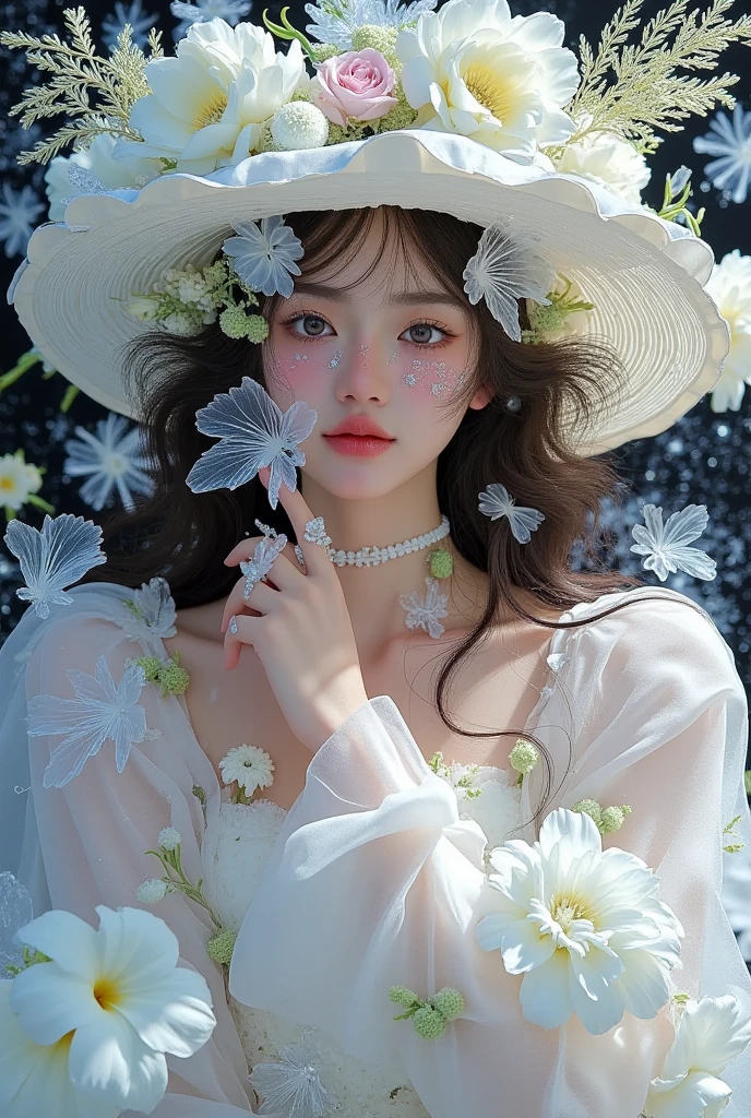  has a woman wearing a flower hat and white dress, A realistic painting inspired by Kim Nong ,  is popular in the CG community, Rococo,  anime style mixed with Fujifilm , flower storm portrait,  Flowers around ,  Beautiful digital art , Flower Goddess,  ethereal ,  There are frozen flowers all around , 🌺 CG Society, 花丛中的女人