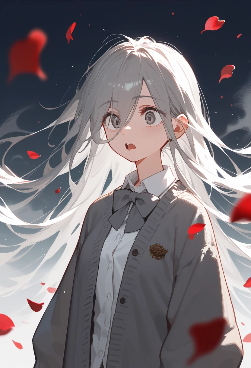 (Fraction_9, Fraction_8_up, Fraction_7_up), 1 Girl,  upper body,Ridiculous, Grey long hair, eyes visible through hair,  grey eyes， Neutral,  White Shirt ，Grey messy little cardigan ，Bow，Miosis，Open mouth slightly，surprise，White fog in the background ， rose petals exploding ， fish flying in the sky ， passers-by in the distance， Inception space average 