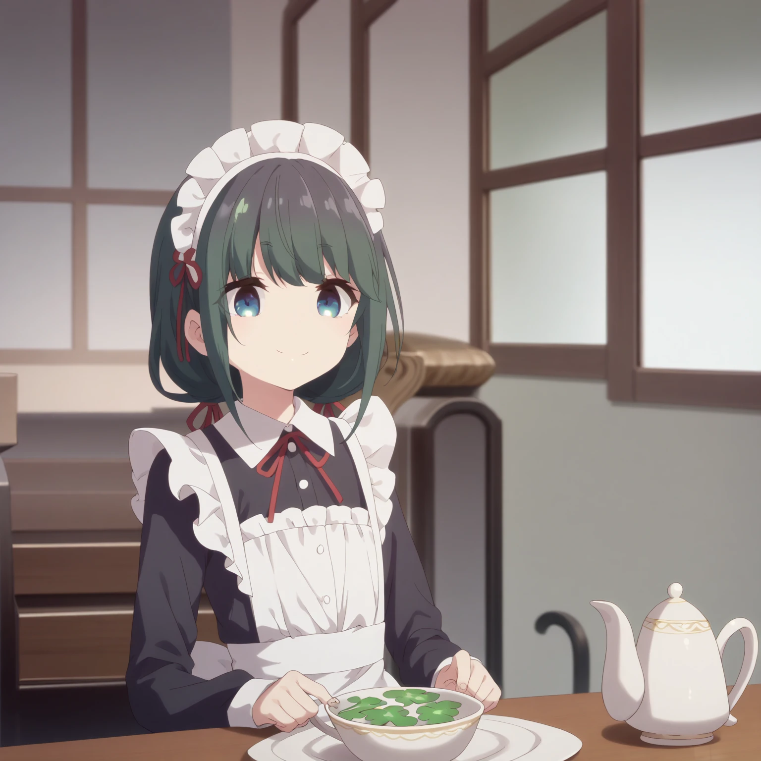 Cafe。 flat chested。  stockings、 very smiling。 。Long sleeve maid outfit, He holds a teapot in his right hand。 four-leaf clover with green hair  。  big red ribbon in the hair 。  shorthair。 black hair