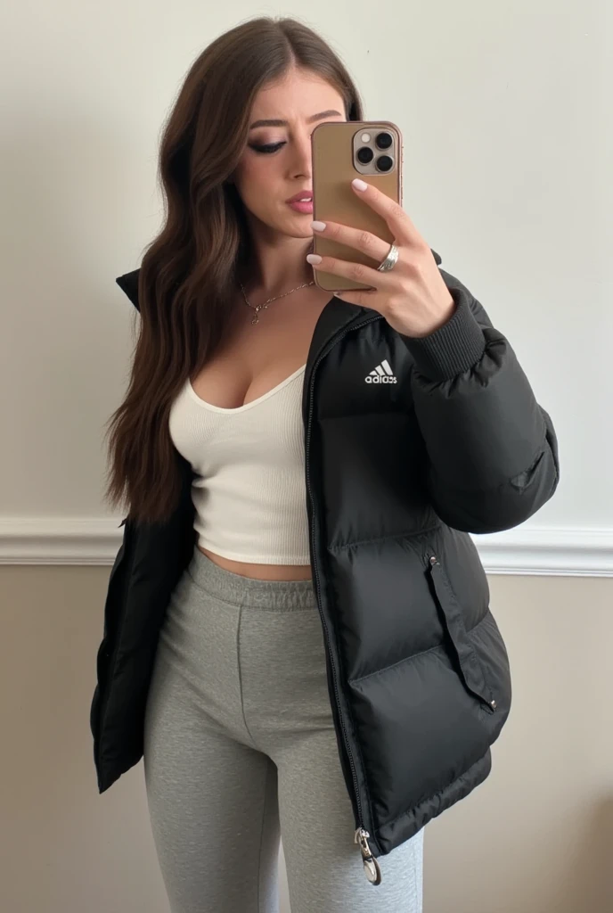 Araffada woman taking a selfie in a mirror with her cell phone., chica de pelo negro con sudadera con capucha, vistiendo jeans y una sudadera con capucha blanca, con una sudadera con capucha blanca, 18 years, 16 years old, 2 4 year old female model, su cabello es largo y liso, 19 year old girl, pose casual, ella tiene el pelo negro