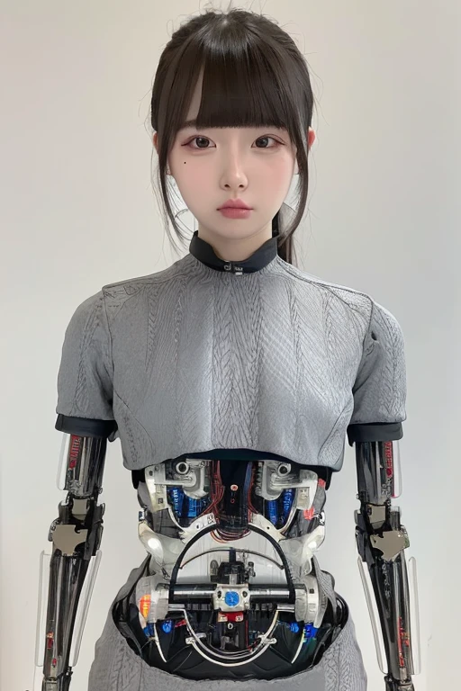 masterpiece, best quality, extremely detailed,portrait,front view,Japaese android girl,Plump, control panels,android,Droid,Mechanical Hand, Robot arms and legs,Blunt bangs,long tube,thick cable connected her neck