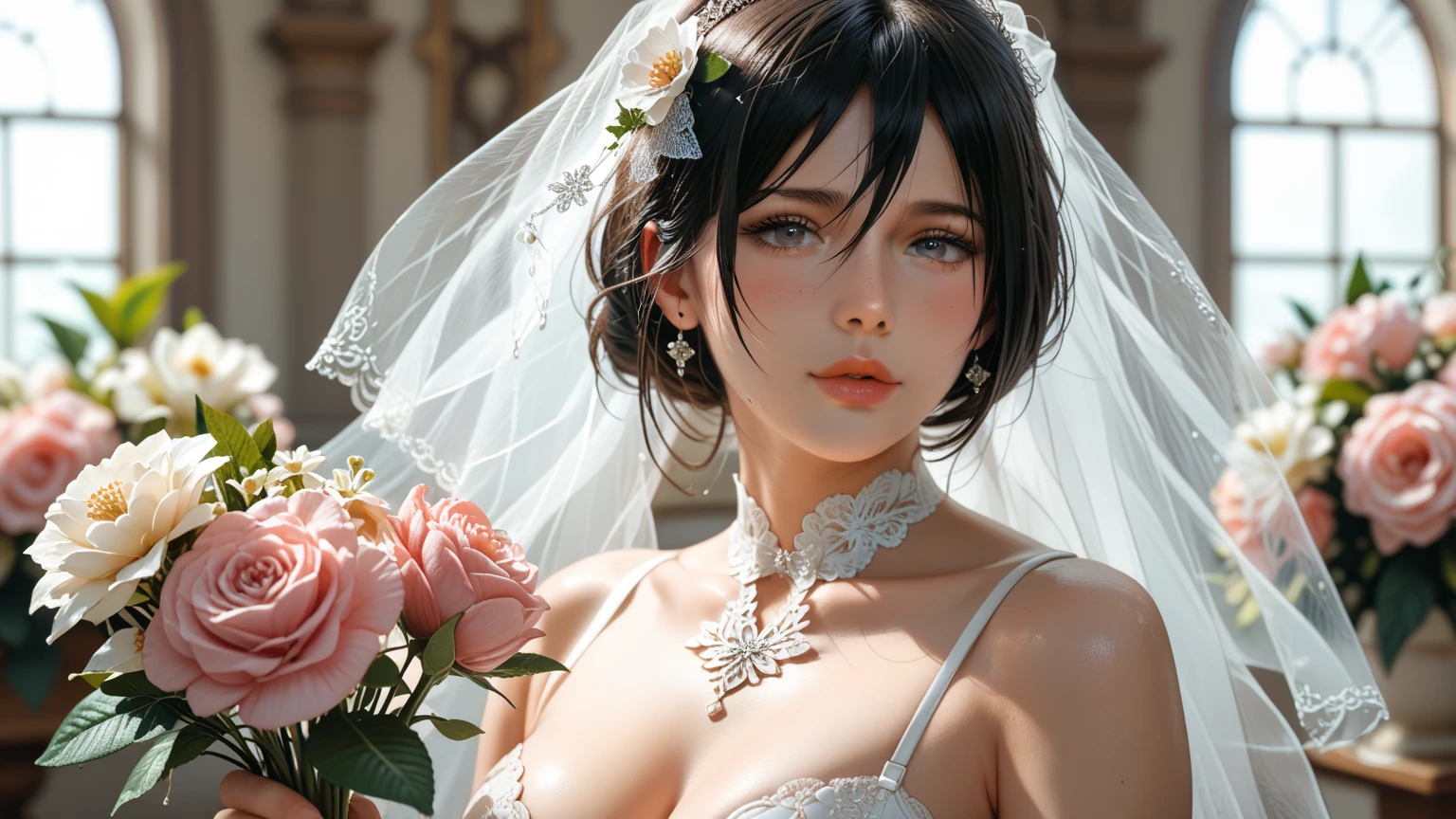 masterpiece:1.2, Best quality), realistic, (Real picture, complex parts, depth of field), (1 girl, One), draw up, parted lips, very detailed, perfect face, (dent in the skin), thick thighs, wide hips, small waist, high, shiny coral lips,, (Girl in a wedding dress with flowers in her hands. )), sexual, blushing, Mikasa from AOT