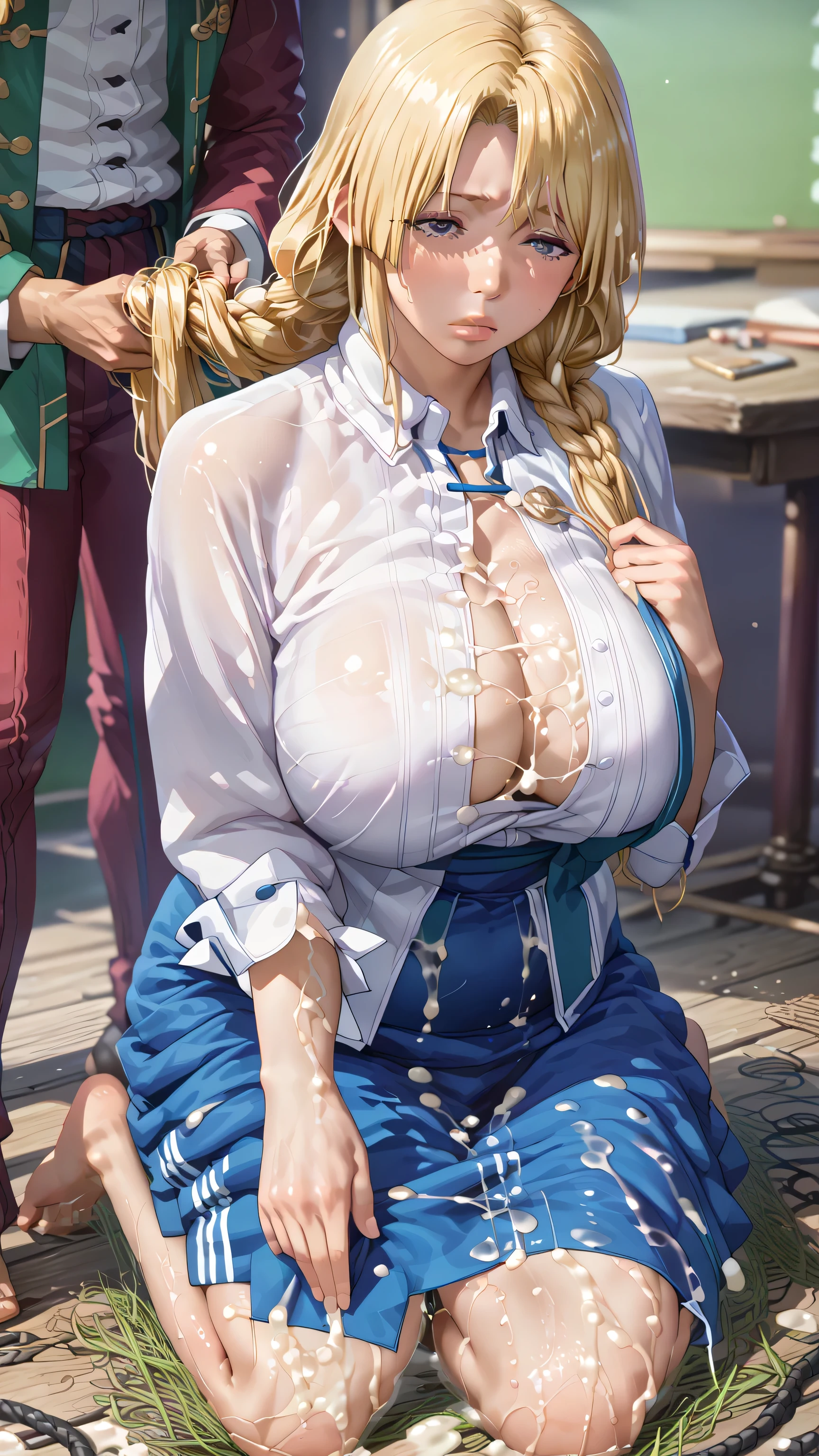   score_9,   score_8_up,   score_7_up,   score_6_up,   score_5_up,   score_4_up,   source_anime, tag1,   tag2, quality_    Masterpiece  ,   Anatomically Correct , ((( big breasts with unmeasurable bust size))),   Wide Hips ,   Gargantuan butt ,   thick thighs ,  function,    mature mature  ,   mature mature , maternal,   attractive ,   long hair,   blonde hair,   braided  , Pictures of attractive Japanese women with good eyes ,  、Kneeling Girl、 Improve,  Black women,    Plump Lips  ,   Thick lips， chained ,   Harassment, 、Shameless , semen  ,Cut your lips   , Teacher says  、  Mini Skirts and White Shirts  、Big Breasts、 ((Clothes tear badly :1.65))、Side-side slit, was done,  An expressionless man is standing beside her、 Stroking a woman's hair  , ,  Lower your head ,( Lower your head,   Details of his face and environment   ,   Details of clothes and accessories  , Mouth with semen   , Dry environment and  , Unconscious,   A man drops his hands and feet on her ，((A whole body covered in semen:1.75))