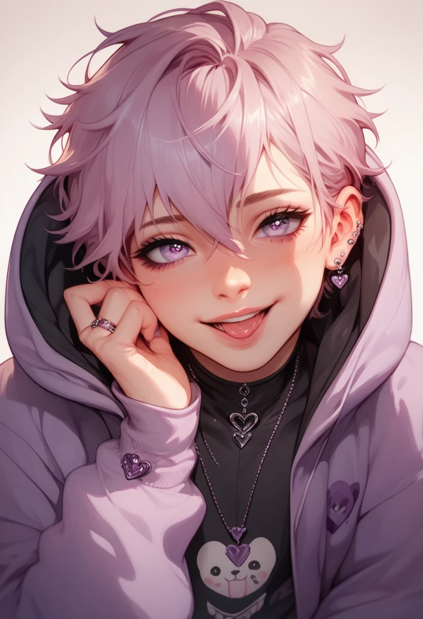 Femboy , feminine, solo character, 8k quality, 2d, yandere, lavender hair, black shirt, lavender hoodie, lavender eyes, sleeve covers most of hands