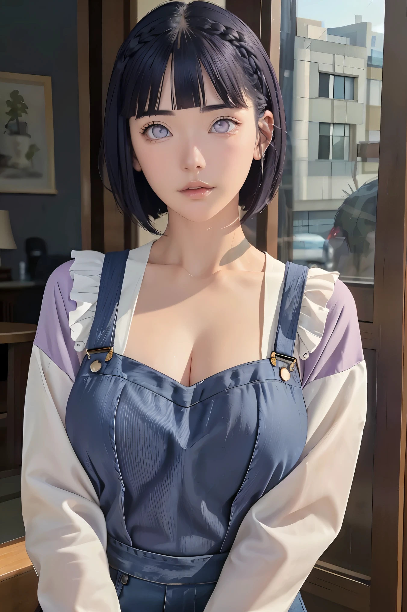 masterpiece, best quality, ultra-detailed, illustration,1girl,
, dark-blue hair, french braid, Purple eye, blunt bangs, cleavage,
shirt,(jeans overalls1.1),purple sweater
medium breasts,
looking at viewer,hyuga/(Boruto/),Detailed lips