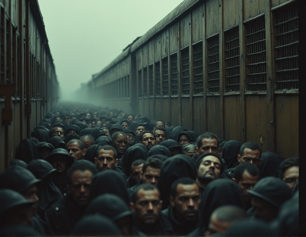 A large group of zombies is boarding a Yamanote Line train in Tokyo. The scene is set at a busy station with the train doors open, and the platform is filled with zombies trying to squeeze into the train. The zombies are in various states of decay, wearing tattered clothing, with a mix of eerie expressions. The setting is realistic, with the train, platform, and surrounding station details accurately depicted. The atmosphere is tense and chaotic, capturing the moment in a cinematic and lifelike manner