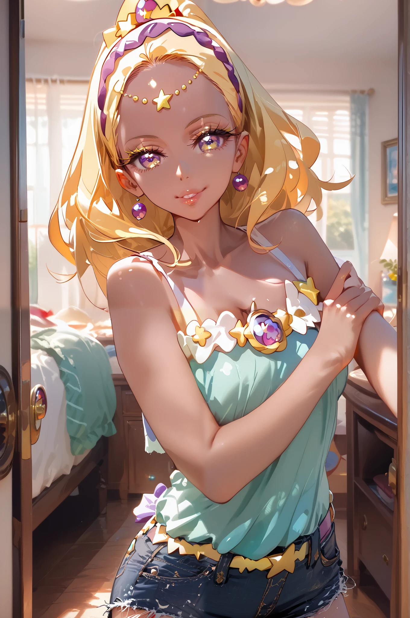 cure soleil,1girl, beautiful detailed eyes, beautiful detailed lips, extremely detailed eyes and face, long eyelashes, beautiful girl, looking at viewer, solo, girl in private room, green, camicolle, denim shorts, smiling, room interior, natural lighting, photo-realistic, hyper detailed, 8k, best quality, masterpiece