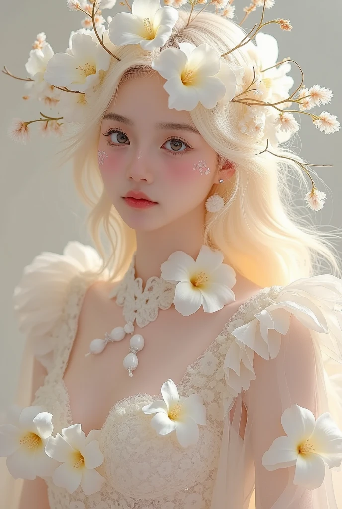  blond woman with white hair and pink flowers in a white dress, artwork in the style of Gu Weiss, 🌺 CG Society, Gu Weiss,  Beautiful digital illustrations,  was inspired by Cheng Yanjun ,  exquisite digital art work, Beautiful digital painting , 精致的数字插图,  exquisite digital art , Beautiful digital painting,  Fantastic Beauty, Beautiful and moving digital art , very  exquisite digital art 