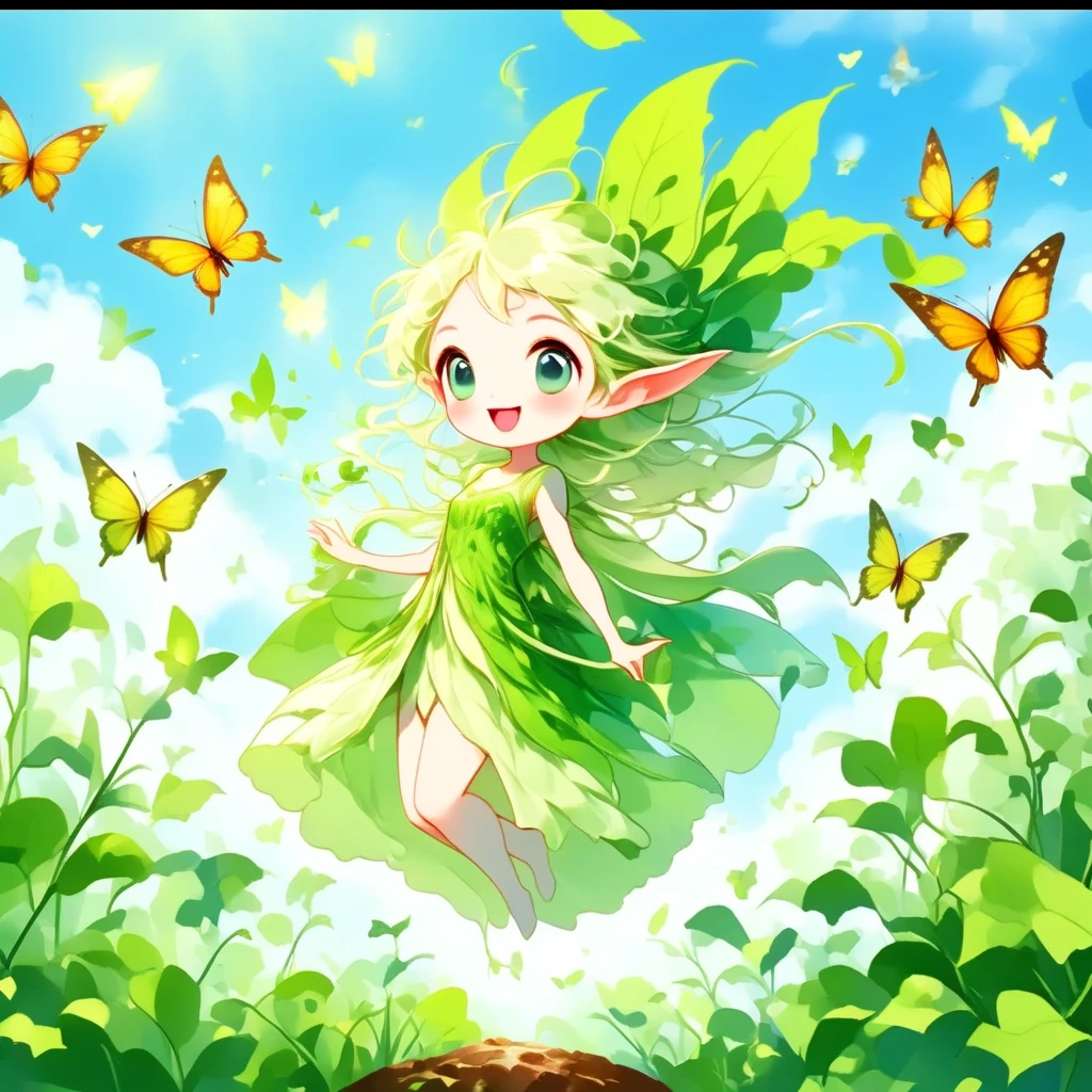 (masterpiece, best quality:1.2), Chibi cute, 1 daikon lady, elven lady, solo, full body, Playing with butterflies, happy smile with open mouth, Green big eyes, Green leaves long hair, bangs, pointy ears, pure white skin, wearing green camisole one-piece long dress over white short sleeve T-shirt, blue sky