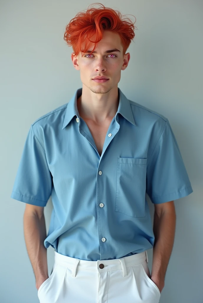 A video game character with an urban style and a realistic side touch, He has straight blonde hair, light blue eyes and white skin. His build is slim but toned.. He wears a half-buttoned button-down shirt and jeans., reflecting modern and urban vibes similar to the song "Do not let me go" de Rauw Alejandro.