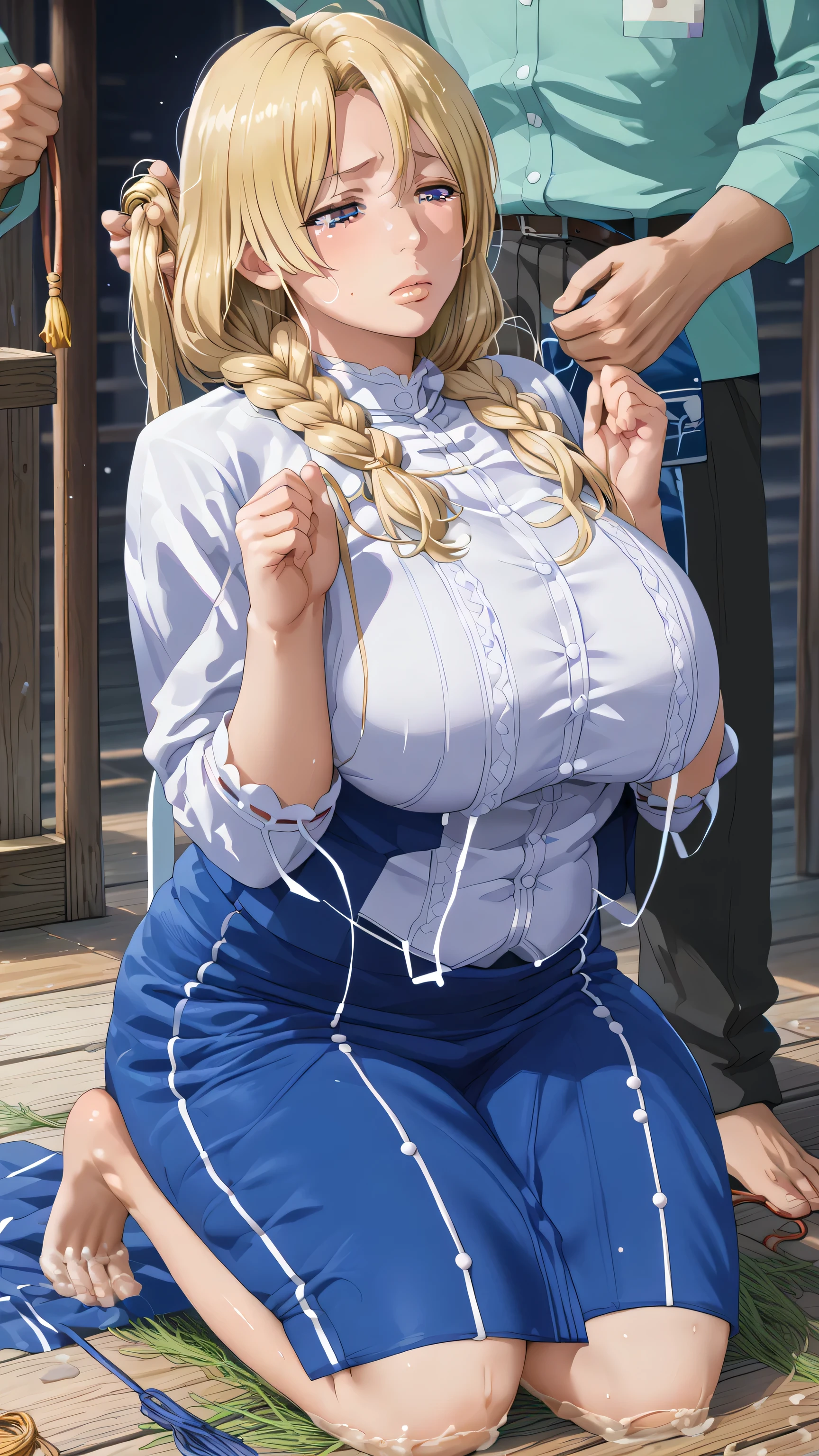   score_9,   score_8_up,   score_7_up,   score_6_up,   score_5_up,   score_4_up,   source_anime, tag1,   tag2, quality_    Masterpiece  ,   Anatomically Correct , ((( big breasts with unmeasurable bust size))),   Wide Hips ,   Gargantuan butt ,   thick thighs ,  function,    mature mature  ,   mature mature , maternal,   attractive ,   long hair,   blonde hair,   braided  , Pictures of attractive Japanese women with good eyes ,  、Kneeling Girl、 Improve,  Black women,    Plump Lips  ,   Thick lips， chained ,   Harassment, 、Shameless , semen  ,Cut your lips   , Teacher says  、  Mini Skirts and White Shirts  、Big Breasts、 ((Clothes tear badly :1.65))、Side-side slit, was done,  An expressionless man is standing beside her、 Stroking a woman's hair  , ,  Lower your head ,( Lower your head,   Details of his face and environment   ,   Details of clothes and accessories  , Mouth with semen   , Dry environment and  , Unconscious,   A man drops his hands and feet on her ，((A whole body covered in semen:1.75))